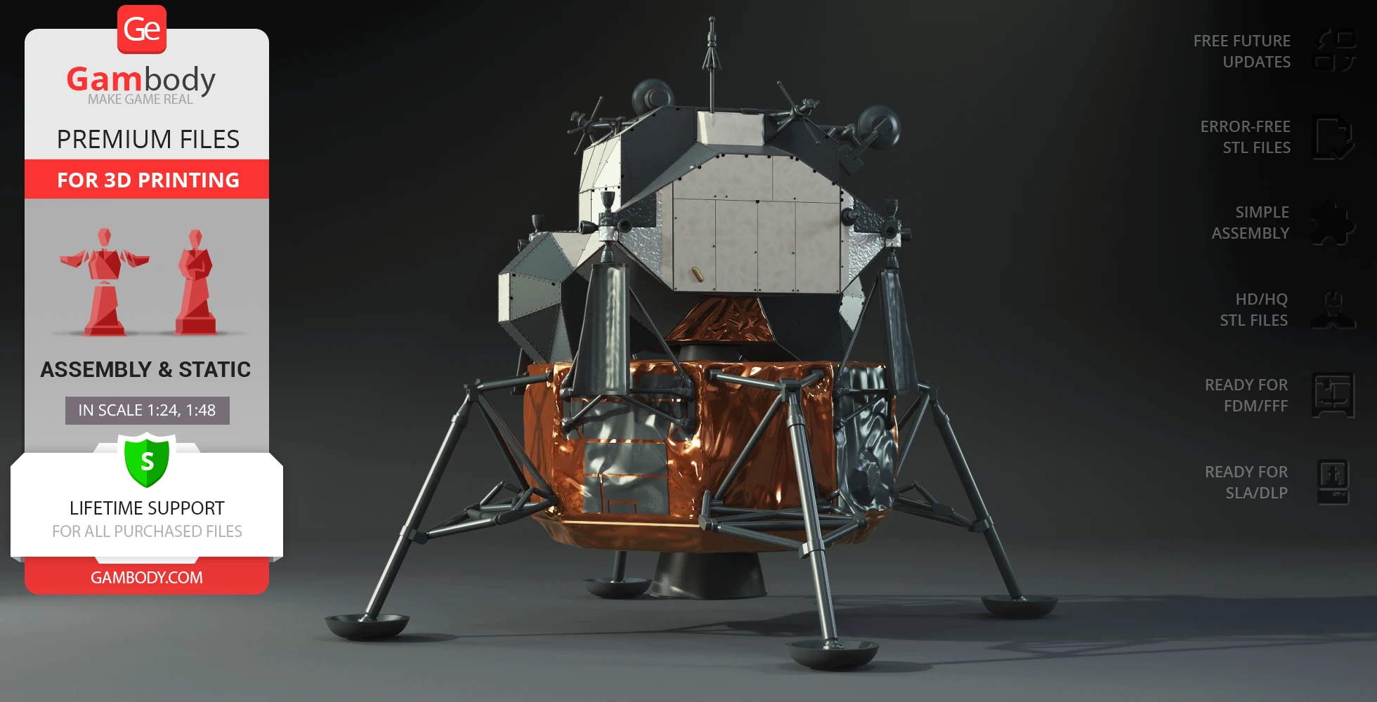 3D model of Apollo 11 Lunar Module 'Eagle' with detailed landing gear for printing.