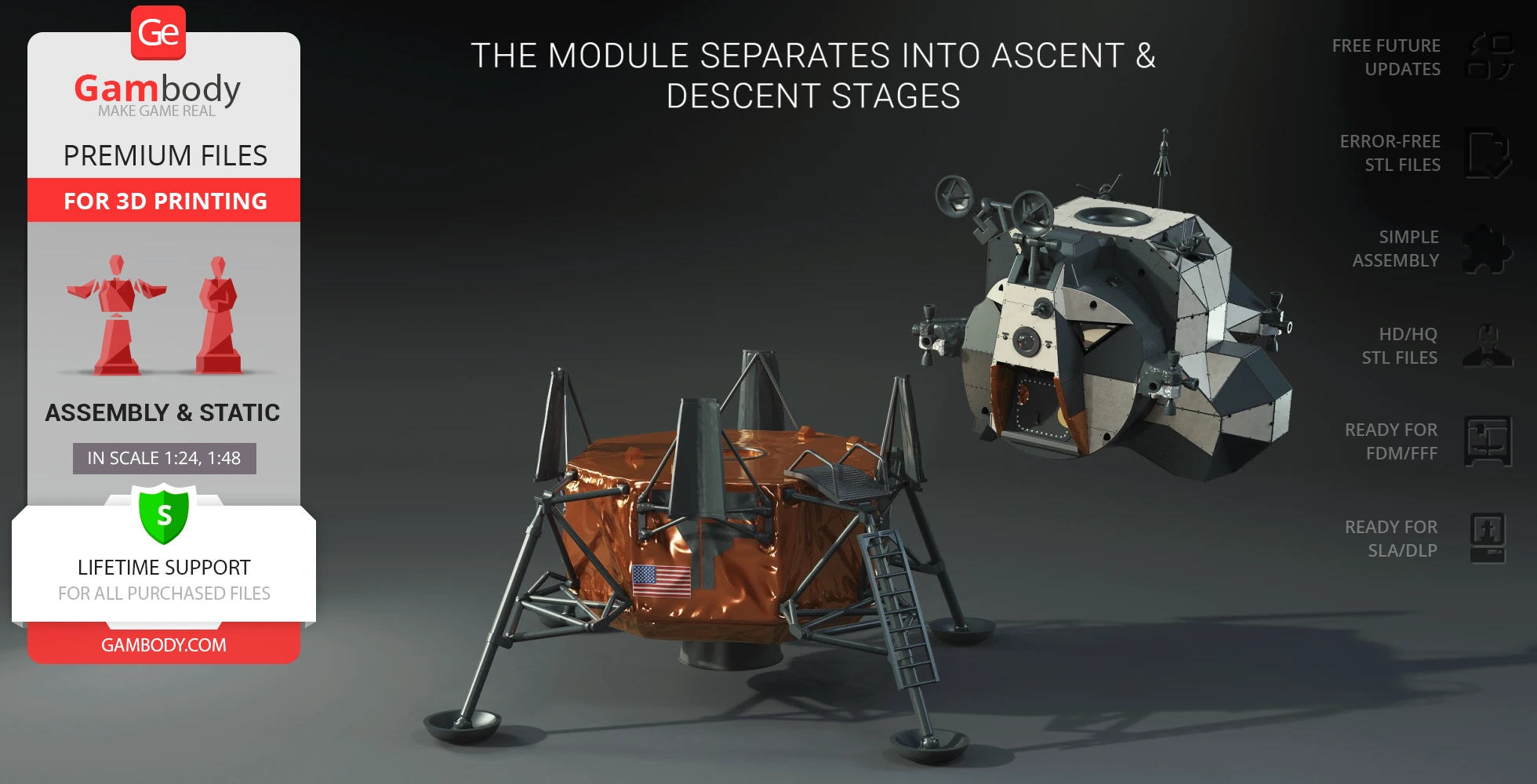 Apollo 11 Lunar Module Eagle 3D model for printing, showing separable ascent and descent stages.