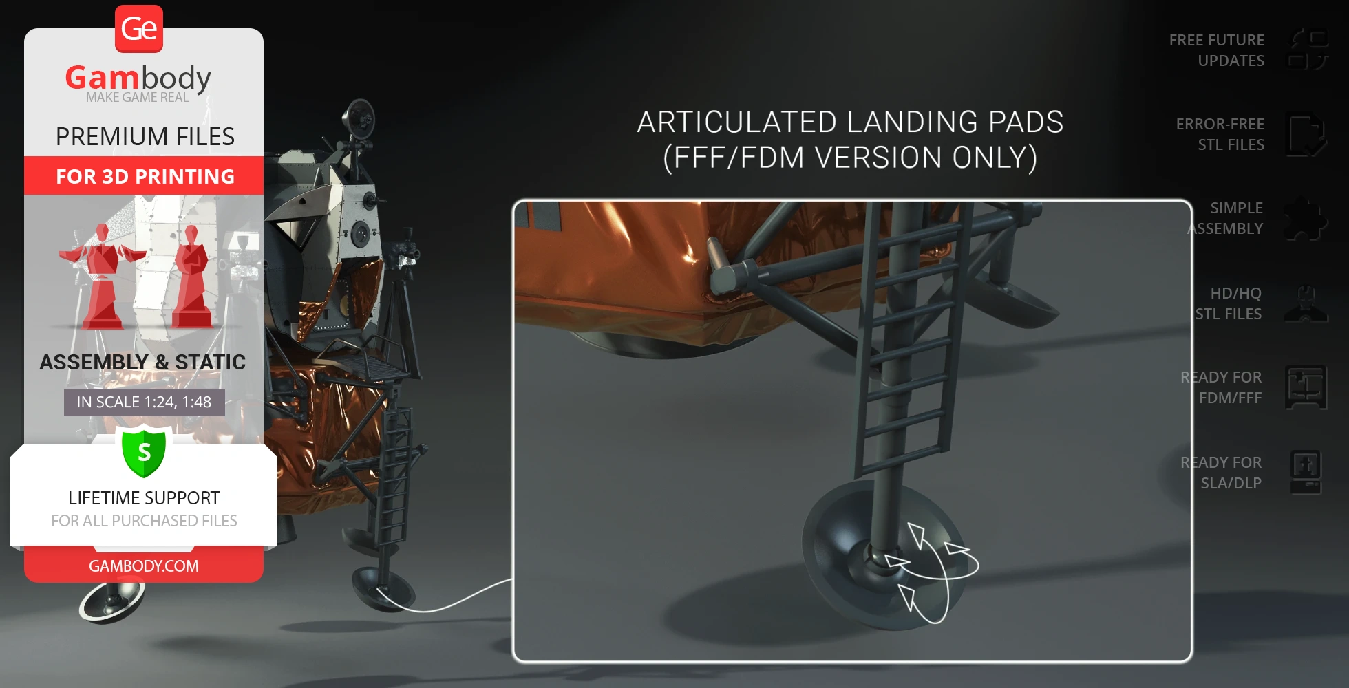 Apollo 11 Lunar Module model with articulated landing pads for 3D printing, shown in detail.
