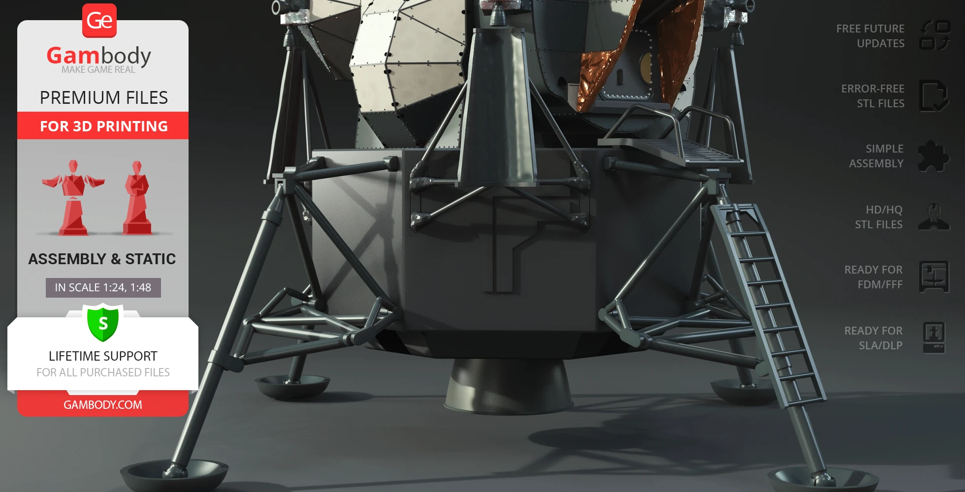 Apollo 11 Lunar Module 3D model for printing, showcasing detailed landing gear and ladder.
