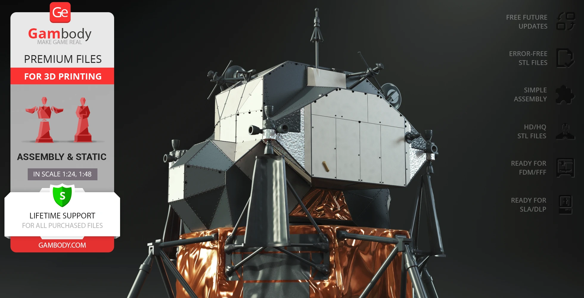 Apollo 11 Lunar Module 3D model, detailed design for 3D printing, featuring metallic textures.