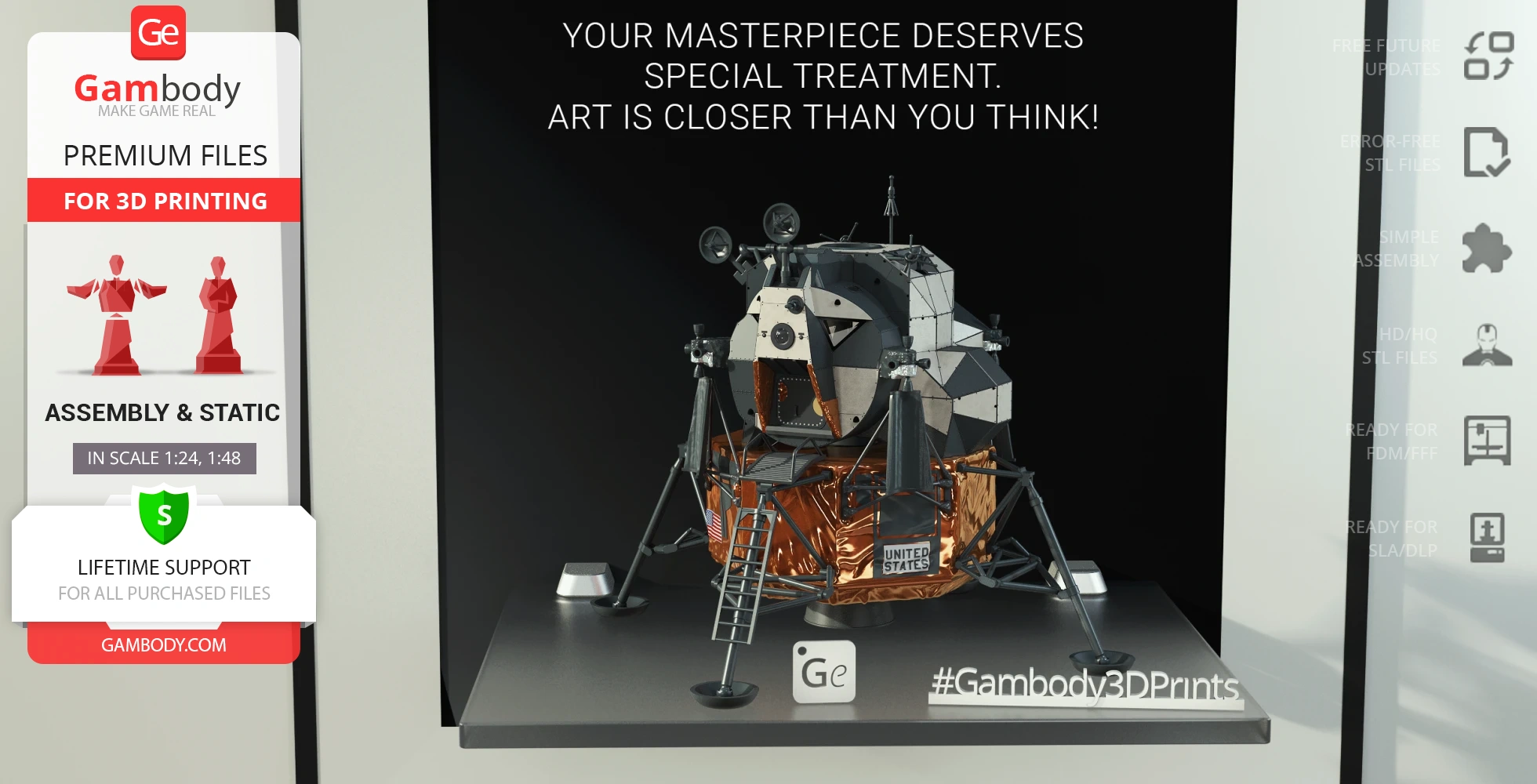 Apollo 11 Lunar Module 3D model with detailed design for 3D printing, emphasizing art and precision.