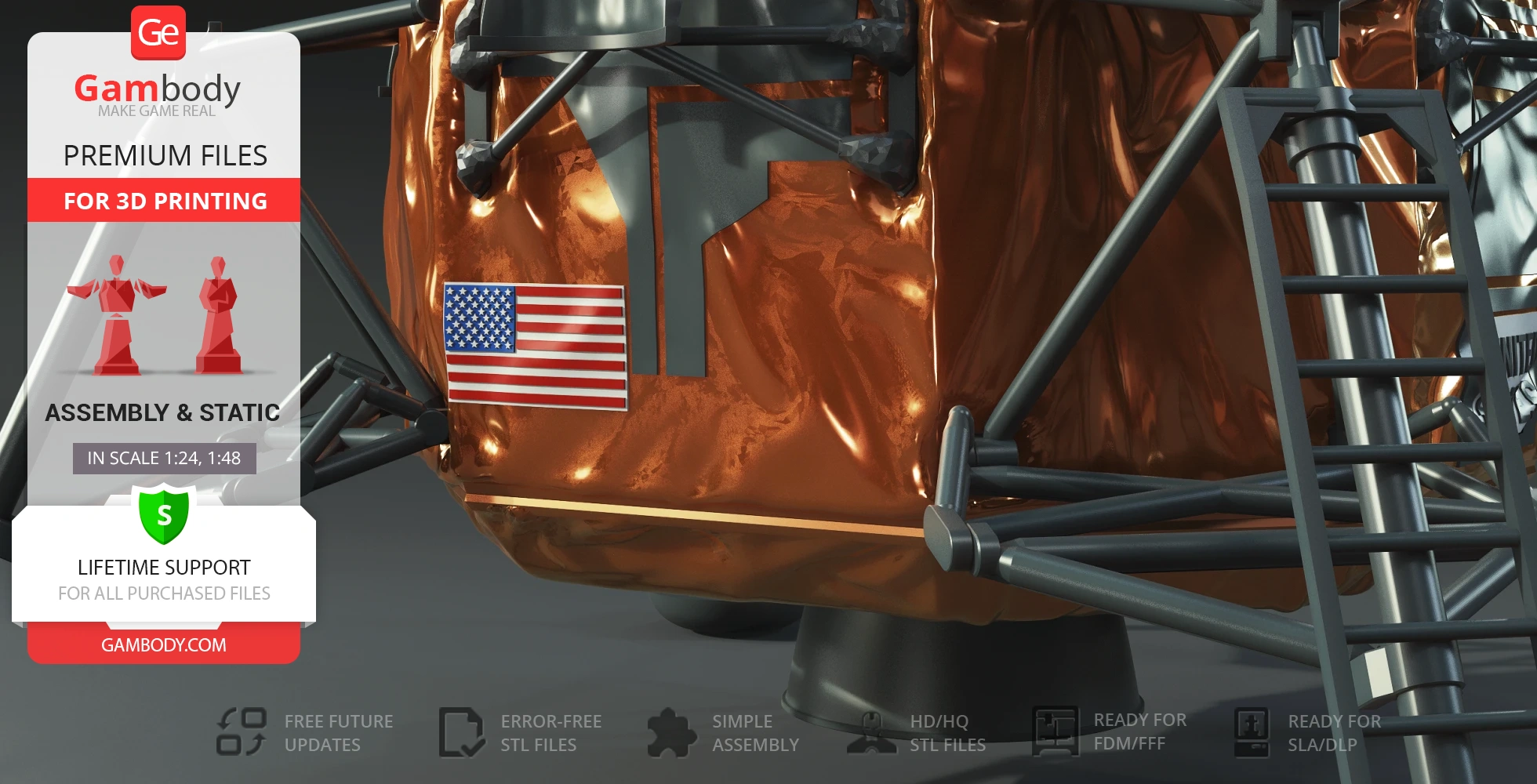 Detailed Apollo 11 Lunar Module 3D model for printing, featuring U.S. flag and metallic textures.