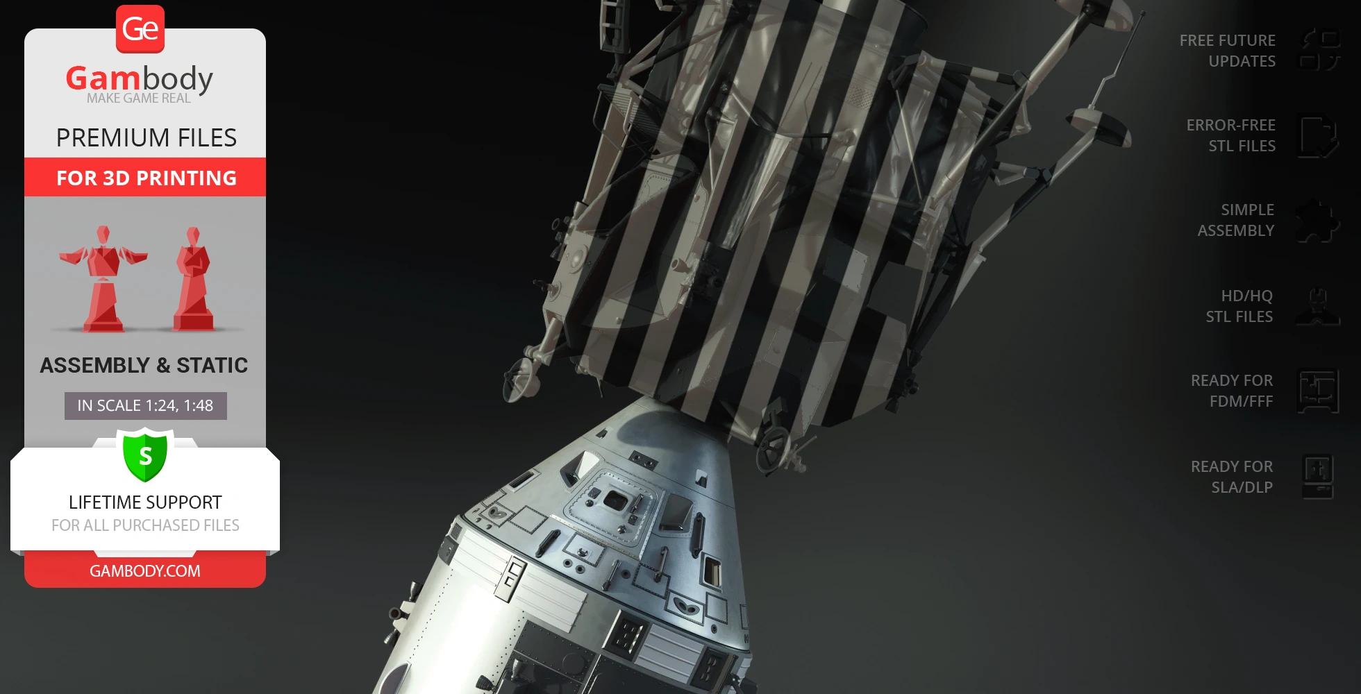 Apollo 11 Command Module 3D model for printing, featuring detailed assembly and scale options.