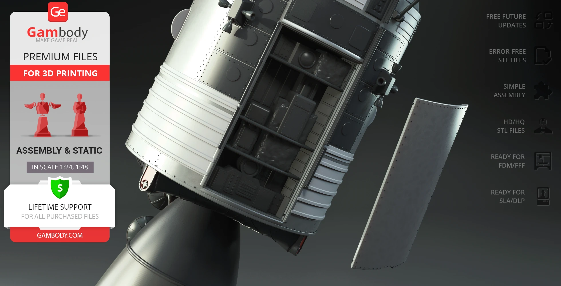 Detailed 3D model of the Apollo 11 Command Module Columbia for 3D printing, featuring assembly details.
