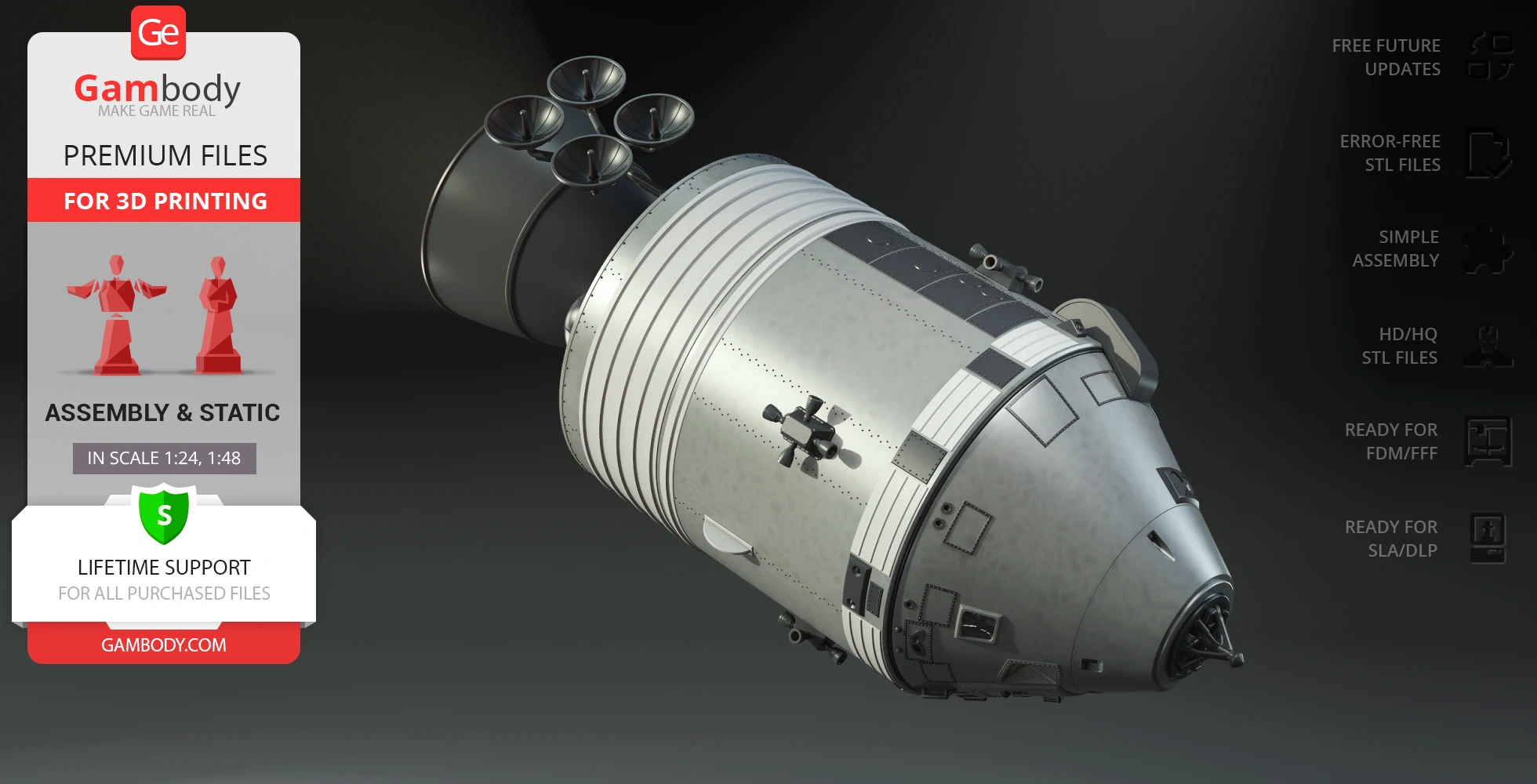 3D model of Apollo 11 Command Module Columbia, detailed, with engine nozzles and panel lines.