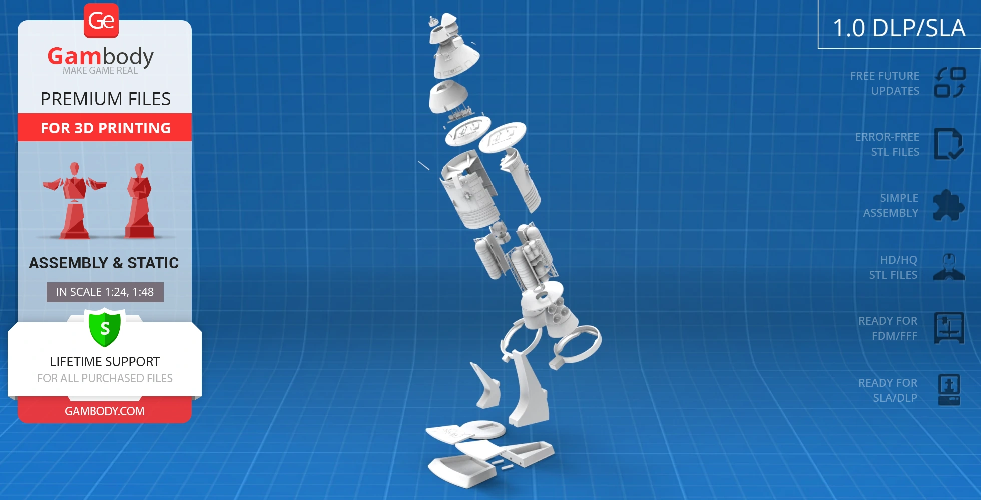 Exploded view of Apollo 11 Command Module parts for 3D printing, displayed on a blue grid background.