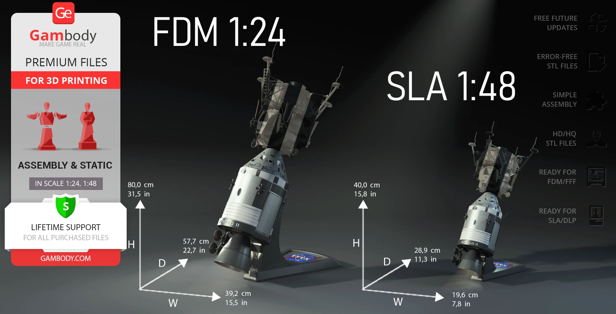 3D printed Apollo 11 Command Module model in two scales, 1:24 and 1:48, with dimensions and GamBody branding.