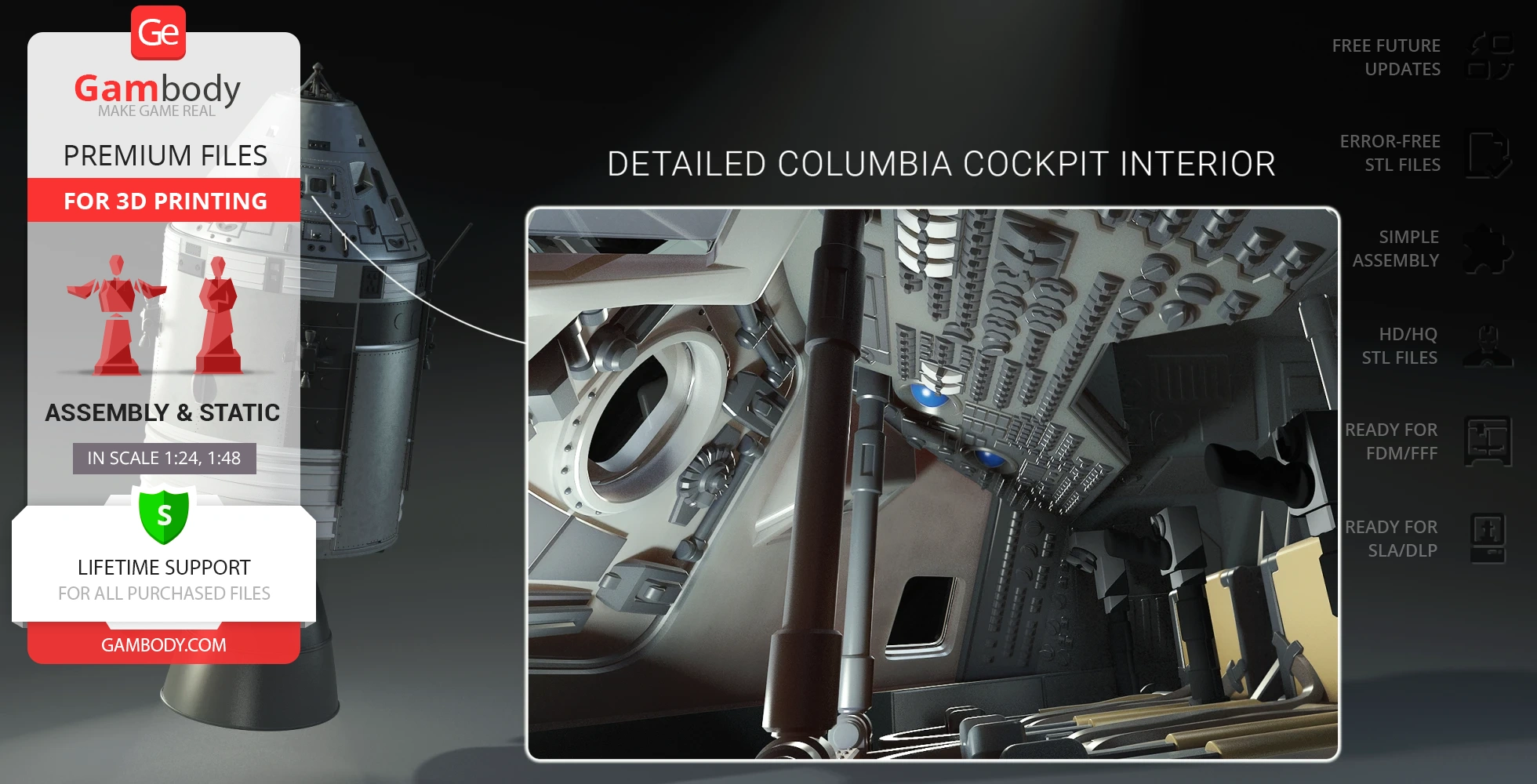 Apollo 11 Command Module model with detailed cockpit interior for 3D printing.