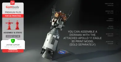 3D model of Apollo 11 Command Module on display stand with info on assembly and purchasing options.