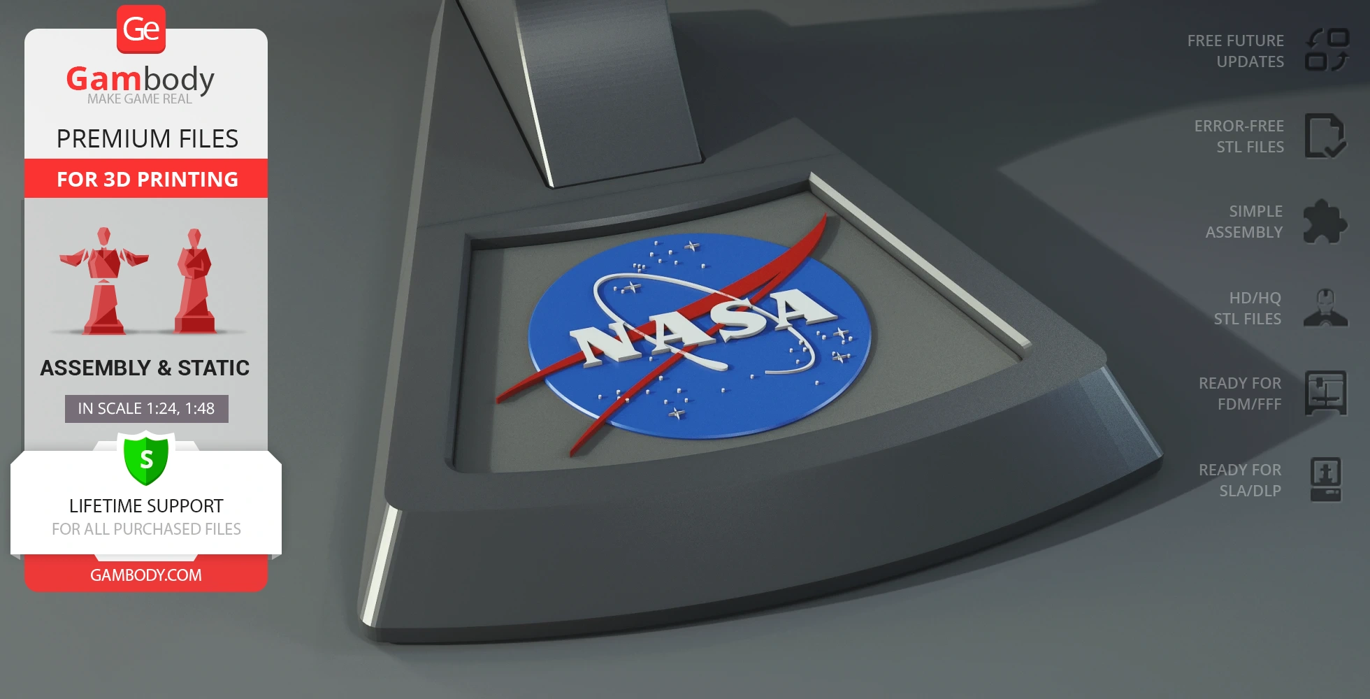 Close-up of a 3D printed NASA logo plaque, showcasing Gambody's 3D printing features and services.