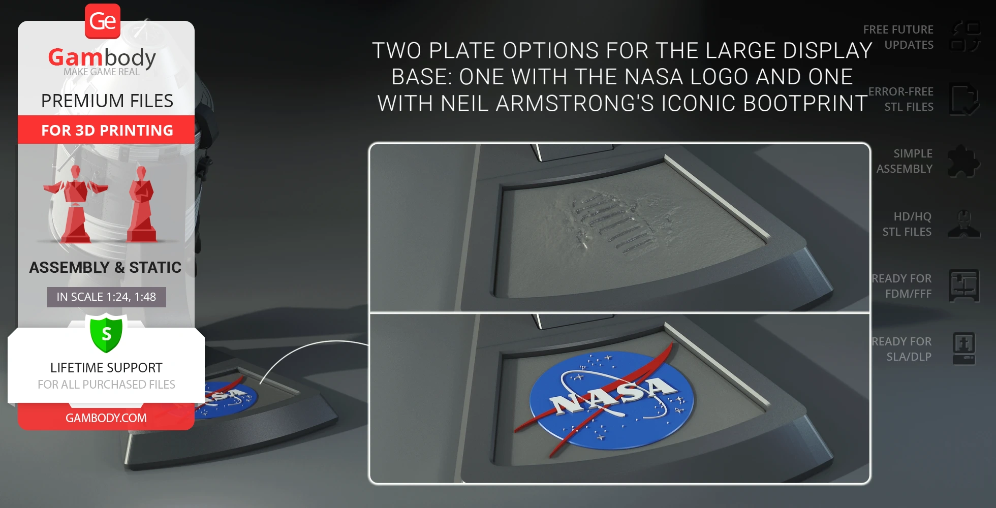 3D model base options: NASA logo and Neil Armstrong's bootprint suggested for Apollo 11 module display.