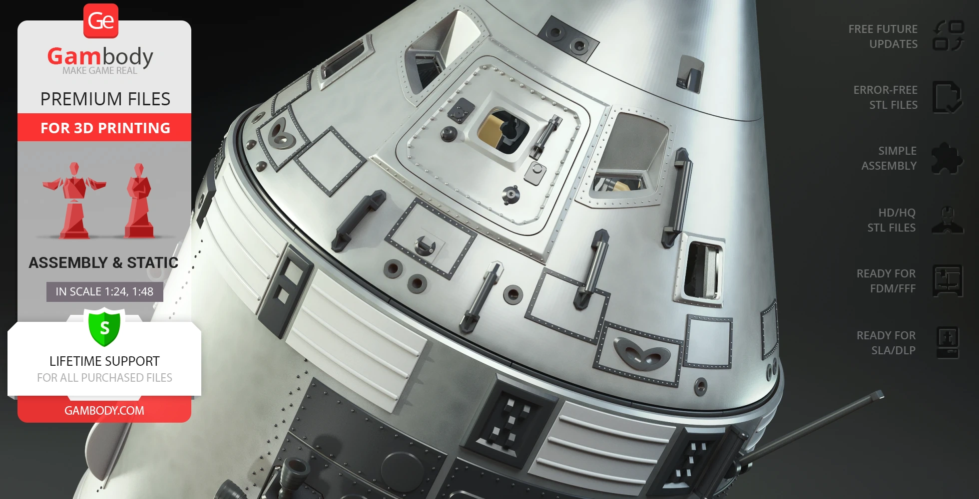 Apollo 11 Command Module 3D model for printing, detailed exterior view.