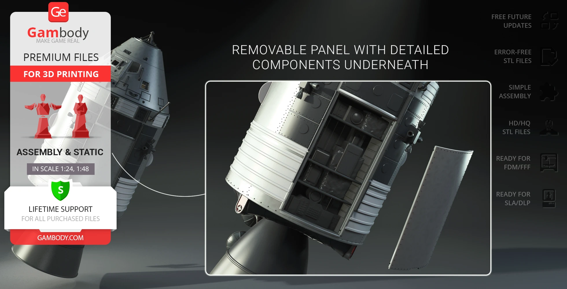 Apollo 11 Command Module 3D model with detailed removable panel for 3D printing.