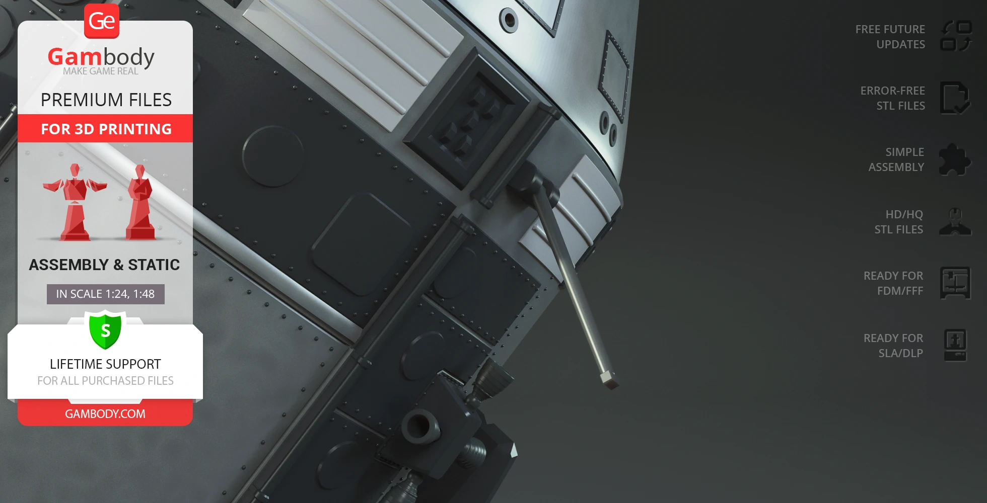 Close-up of Apollo 11 Command Module 3D model details with textured panels and protruding sections.