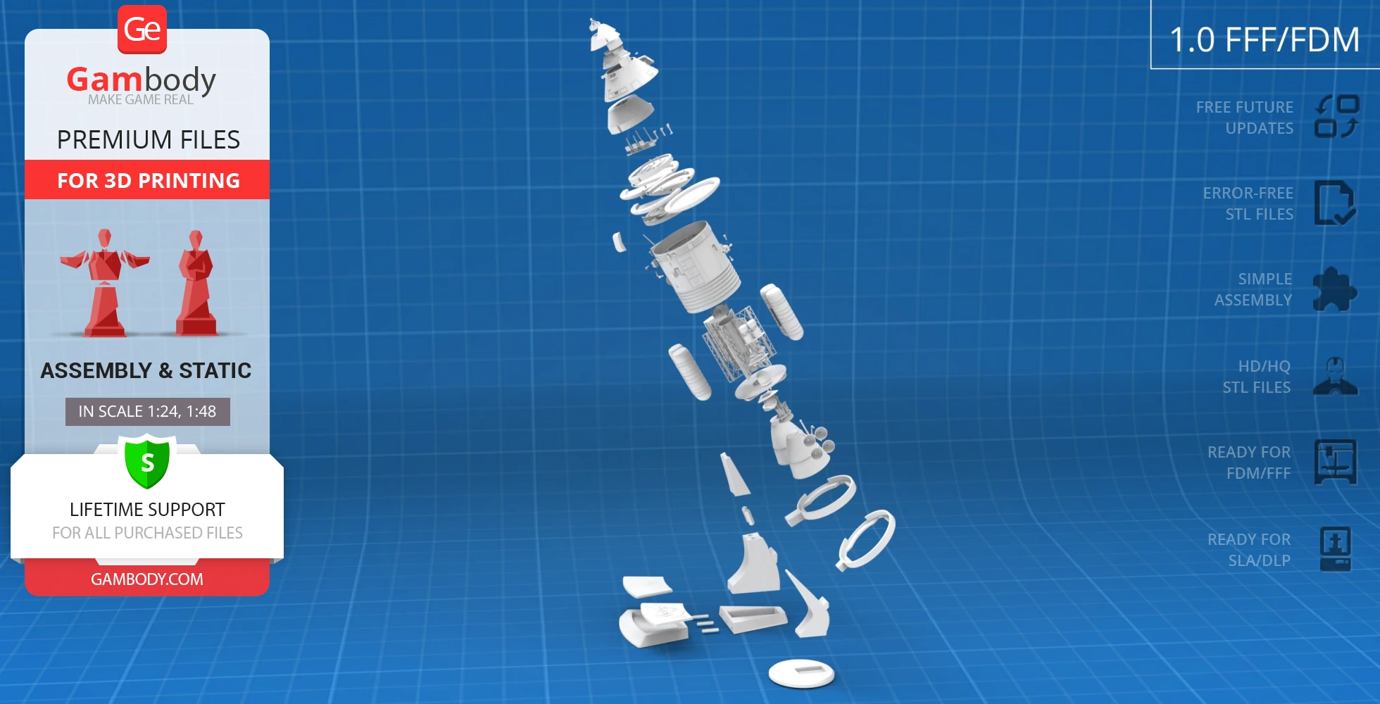 Exploded view of Apollo 11 Command Module 3D model on a blue grid background.