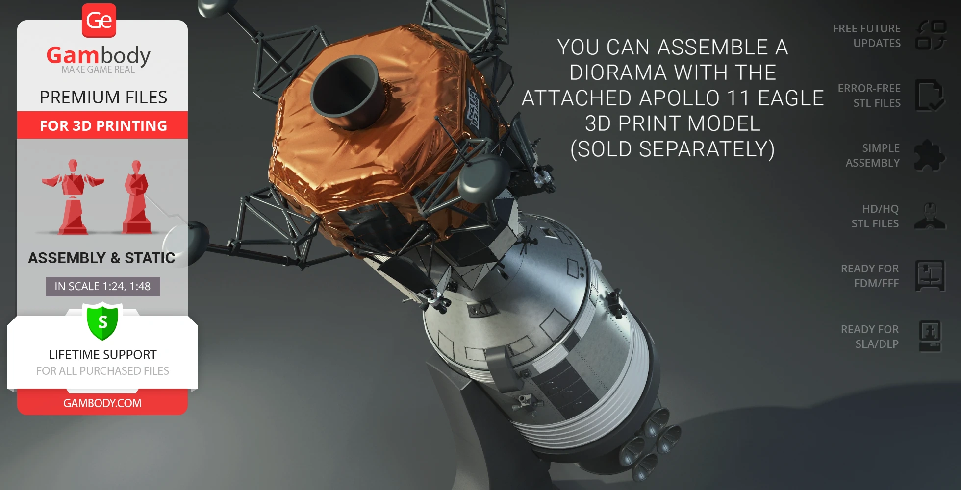 Apollo 11 Command Module 3D model, detailed for printing, with assembly options and support info.