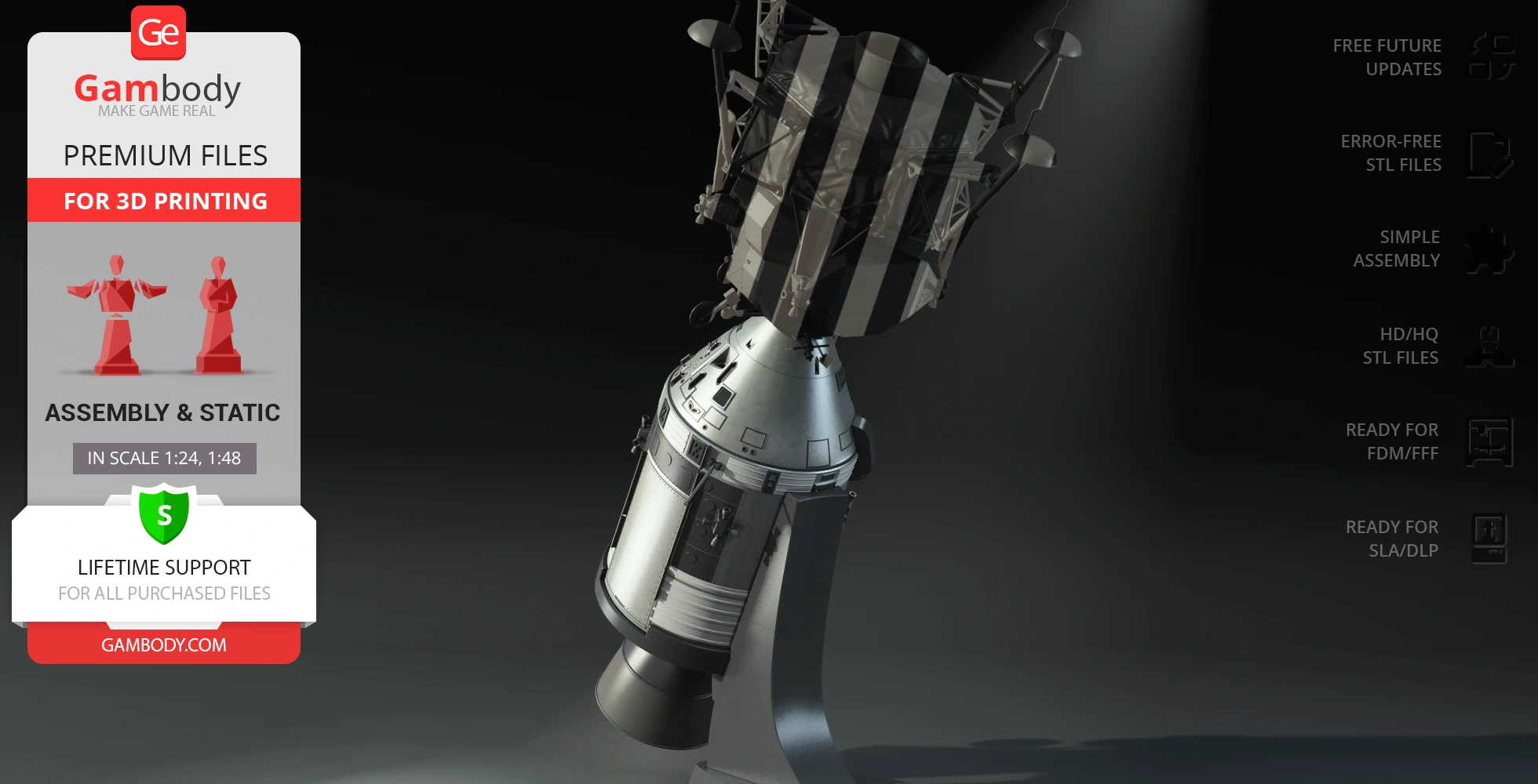 3D model of Apollo 11 Command Module Columbia on display stand, with features for 3D printing from Gambody.