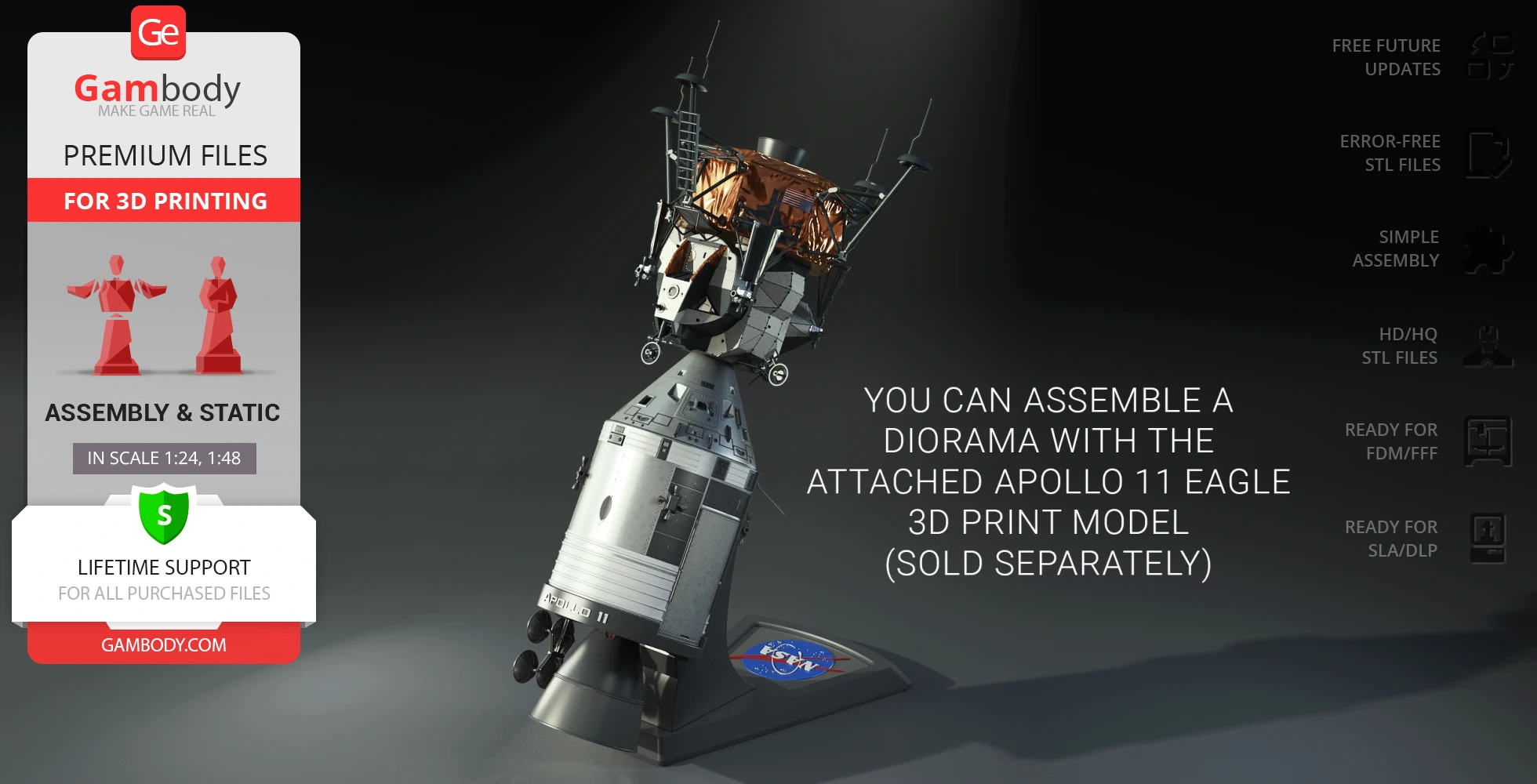 3D model of Apollo 11 Command Module on display stand with info on assembly and purchasing options.