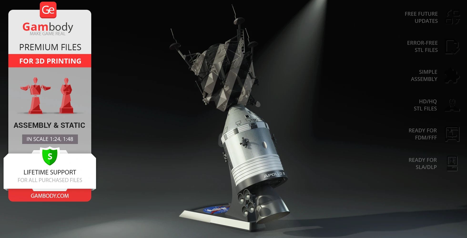 3D model of Apollo 11 Command Module on a stand, with promotional Gambody and printing info.