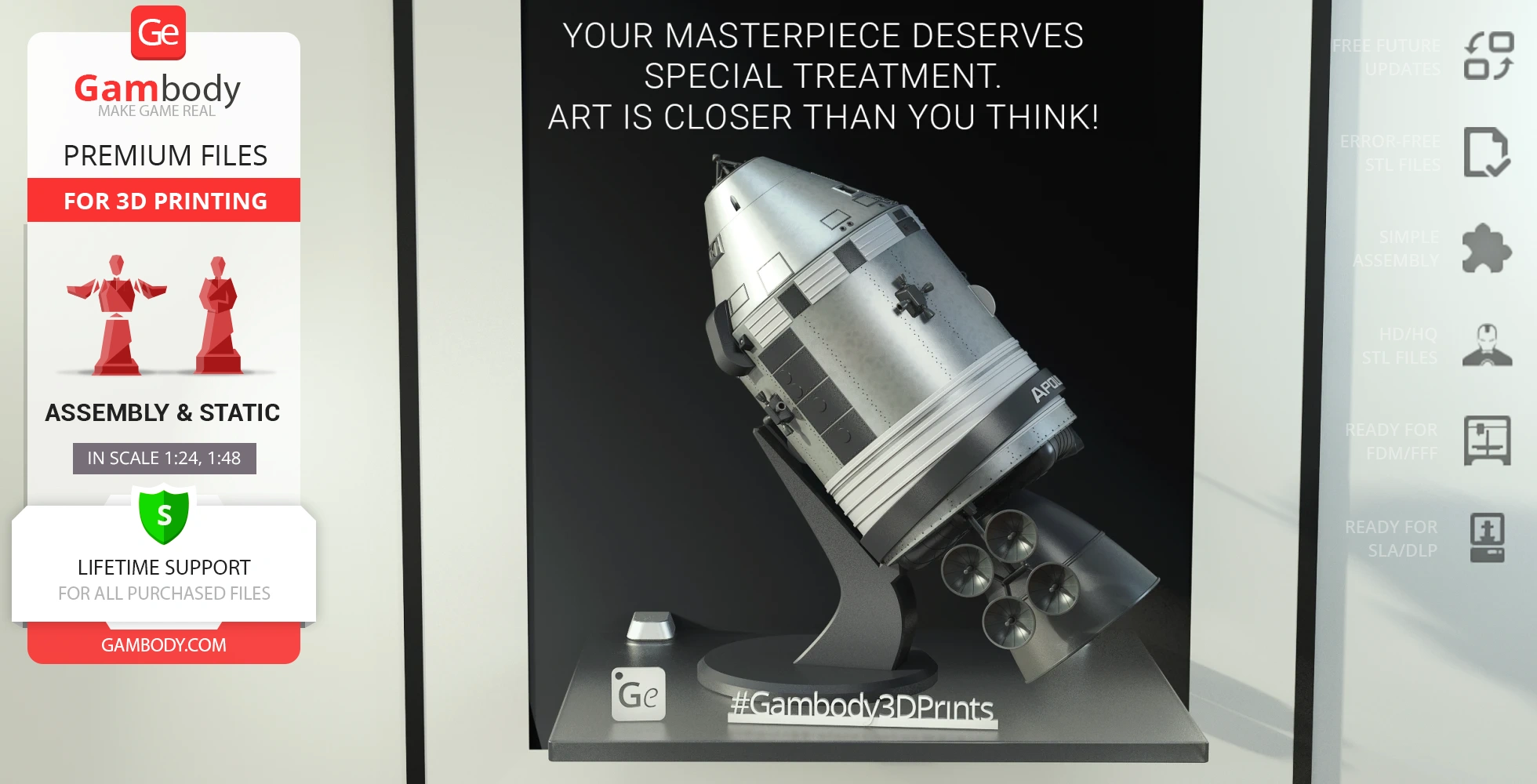 3D model of Apollo 11 Command Module Columbia, displayed at an angle on a stand.