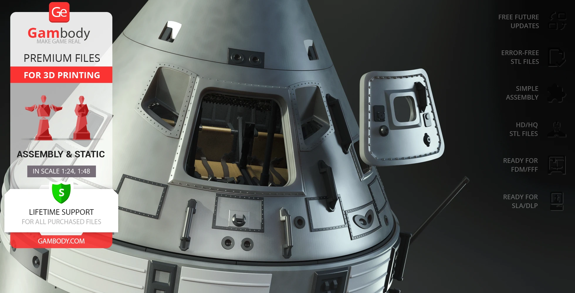 Apollo 11 Command Module 3D model, detailed exterior view for printing, scale 1:24 and 1:48.