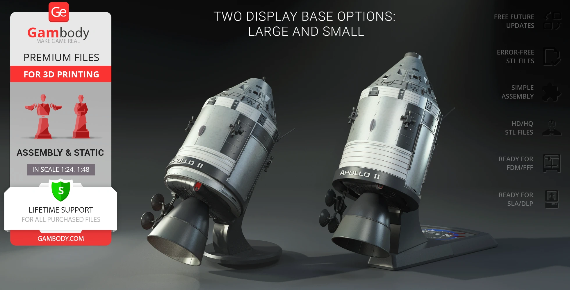 Two detailed Apollo 11 command module models on display stands, ready for 3D printing.