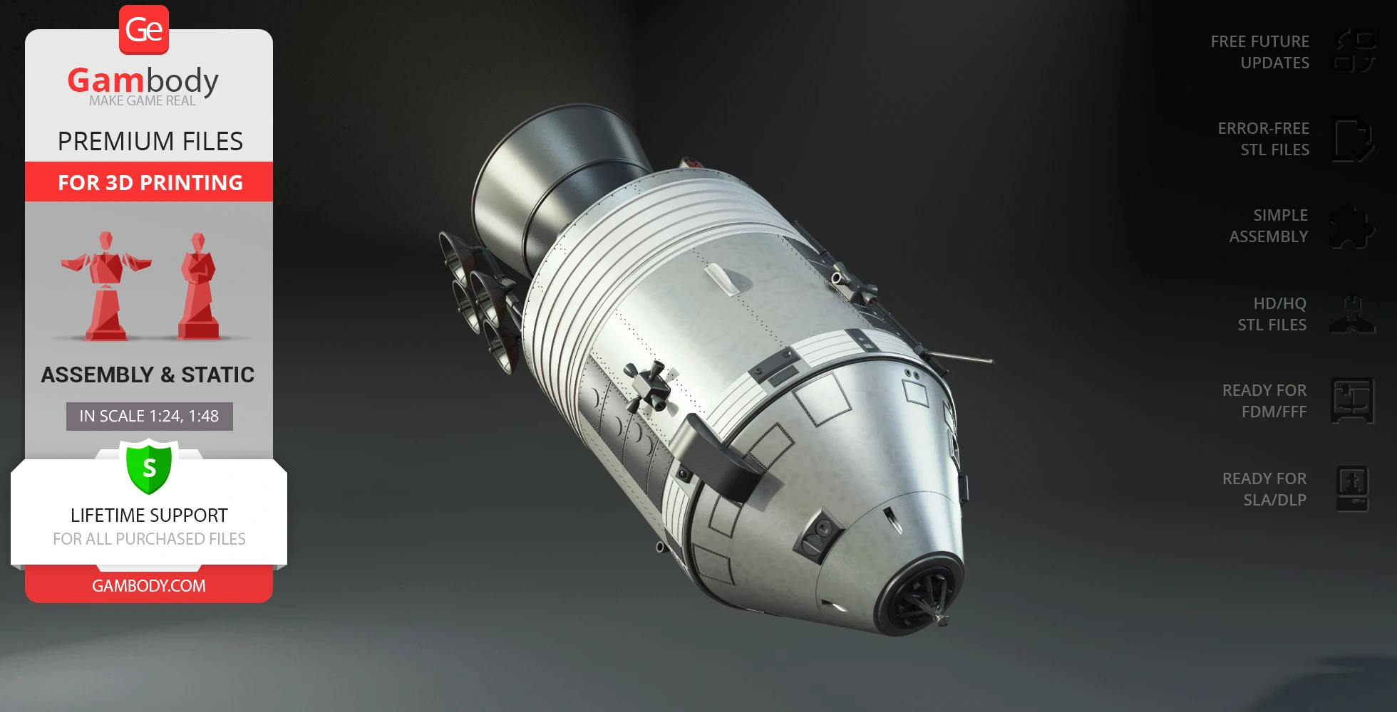 Apollo 11 Command Module 3D model for printing, detailed exterior, displayed on dark background.