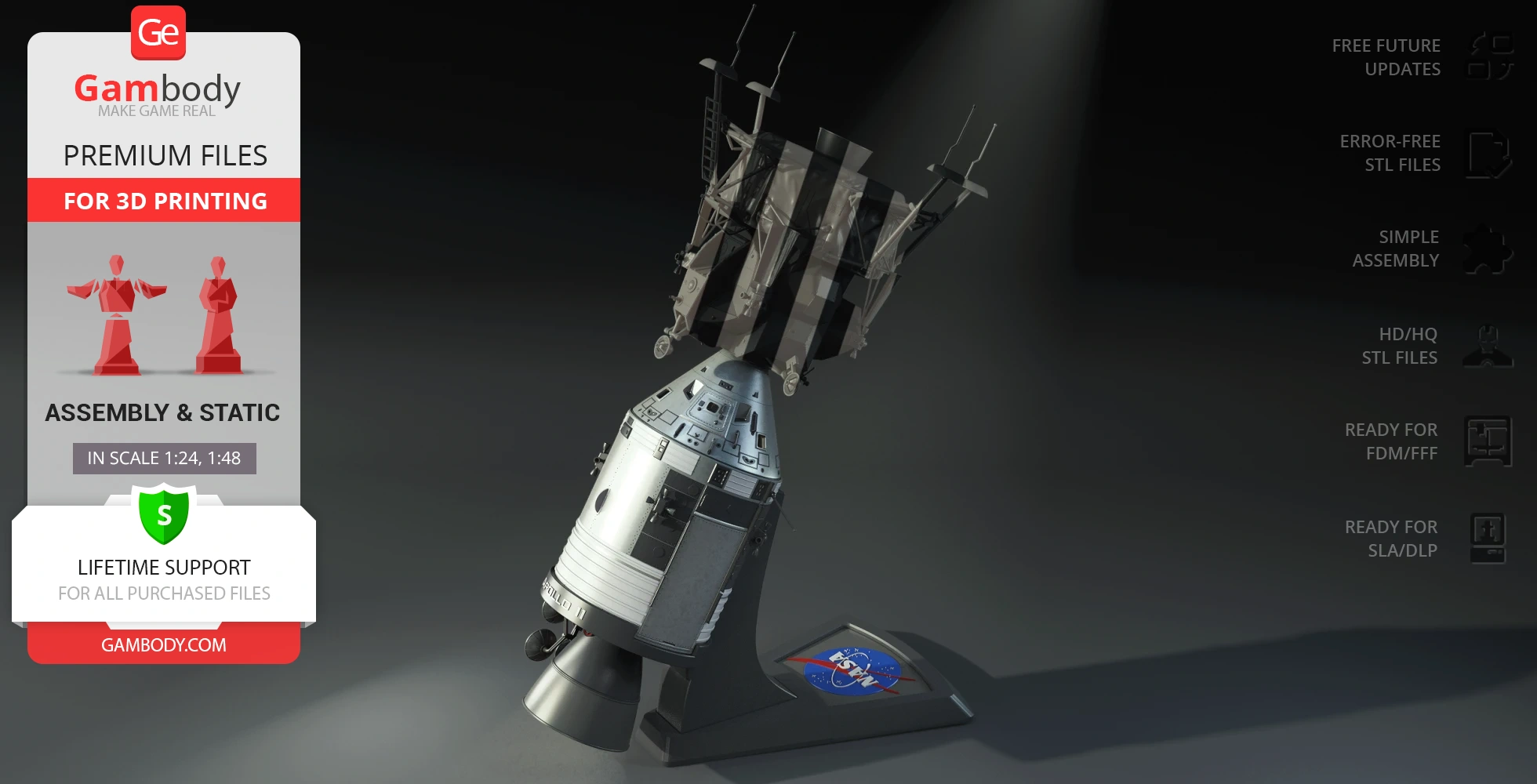 3D model of Apollo 11 Command Module Columbia on a display stand for 3D printing.