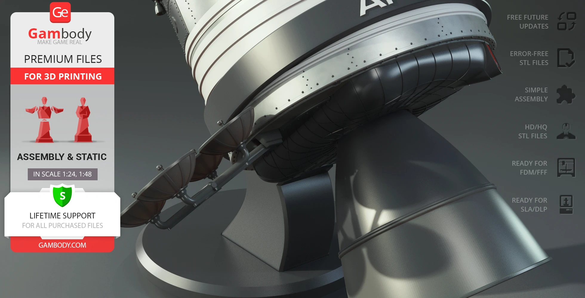 Detailed 3D model of Apollo 11 Command Module, ready for 3D printing, shown on a display stand.