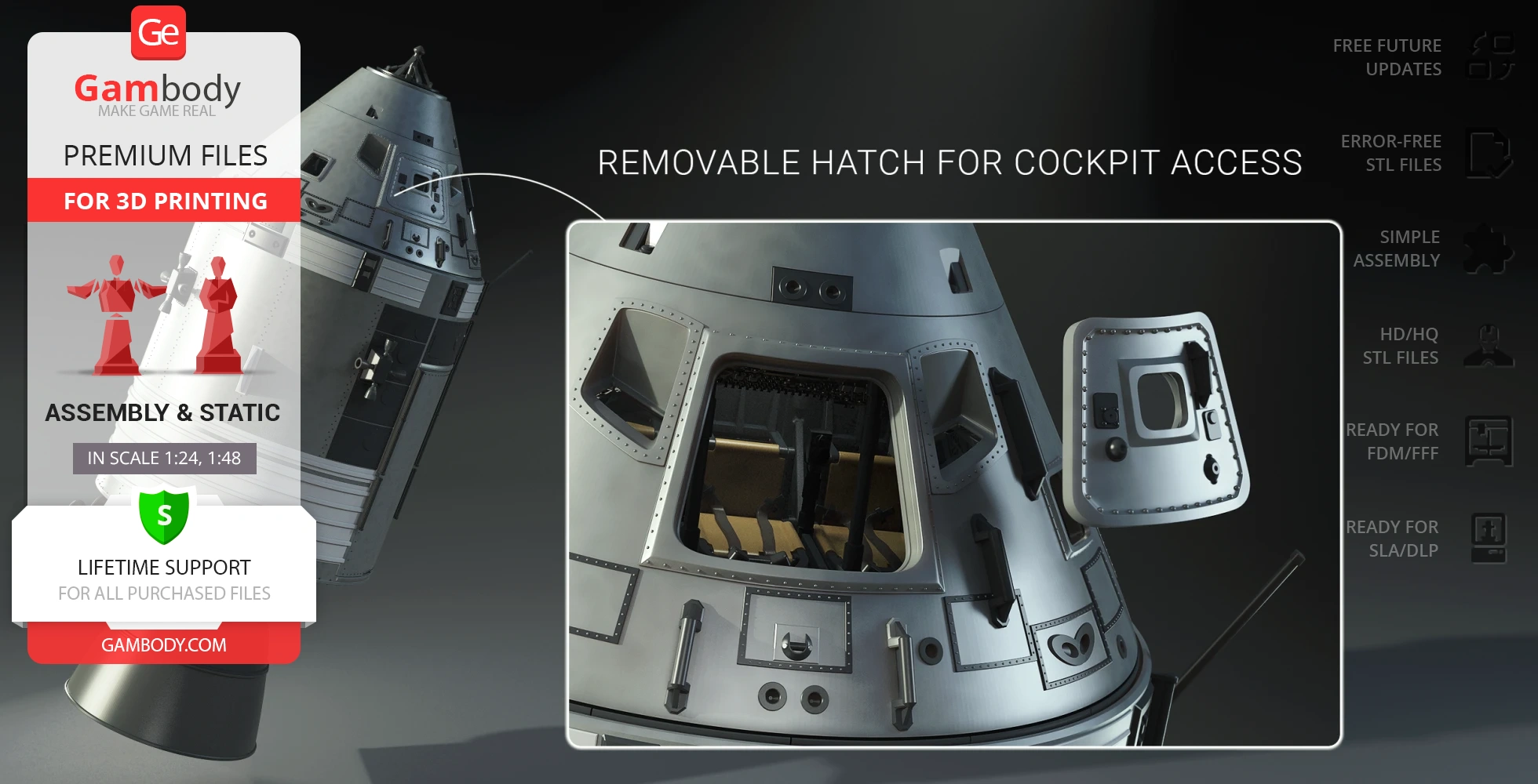 Apollo 11 Command Module 3D model with removable cockpit hatch for detailed 3D printing.
