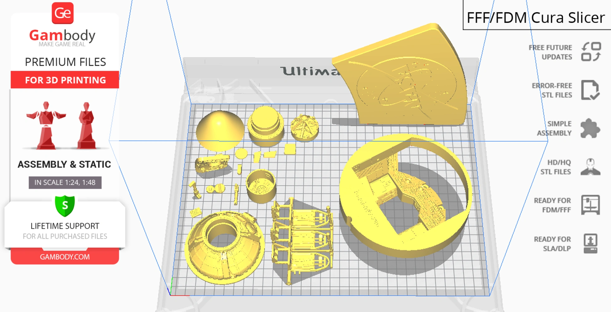 Apollo 11 Command Module 3D printing parts on a grid layout, yellow STL models from Gambody.