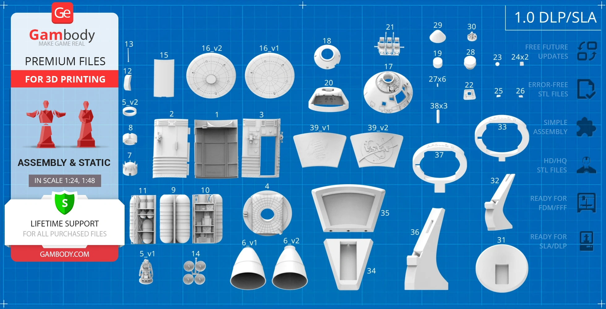 Apollo 11 Command Module STL parts layout on blue grid for 3D printing from Gambody.