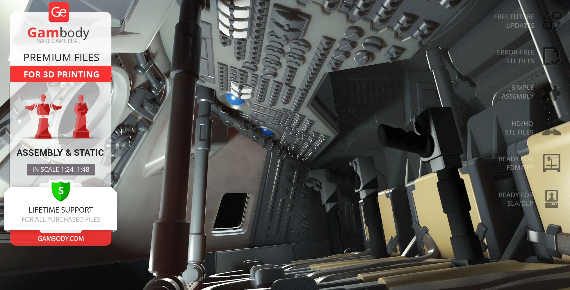 Interior view of Apollo 11 Command Module with detailed control panels and seating for 3D printing.