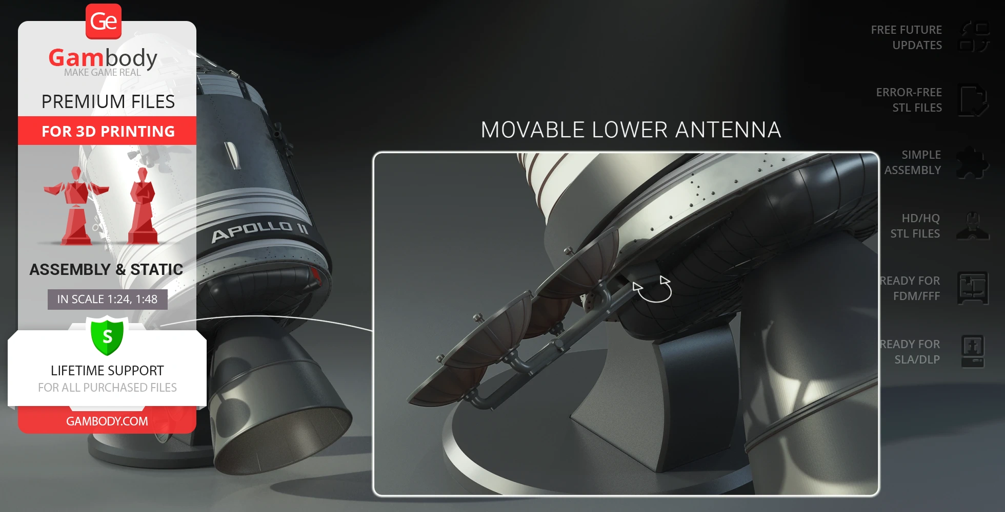 Apollo 11 Command Module 3D model for printing, showing movable antenna detail.