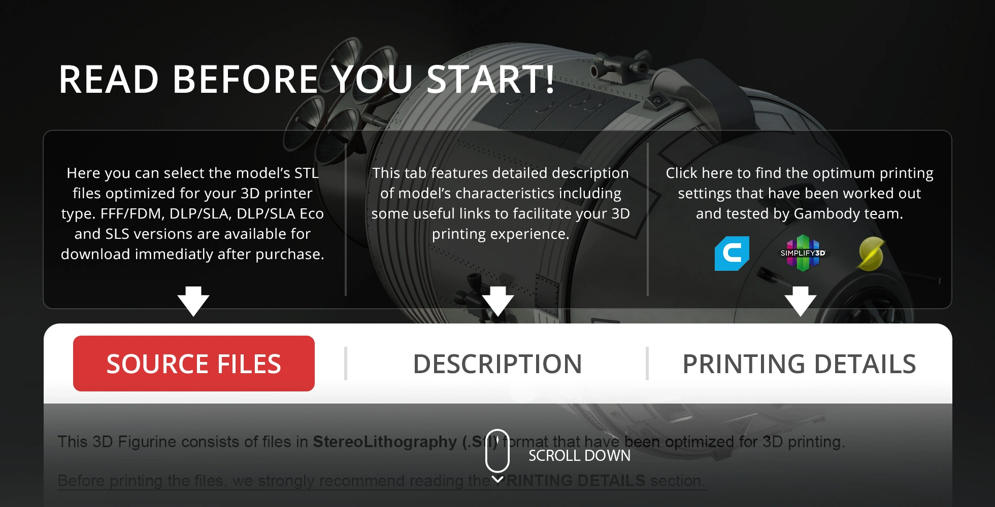 3D model of Apollo 11 Command Module with tabs for source files, description, and printing details.