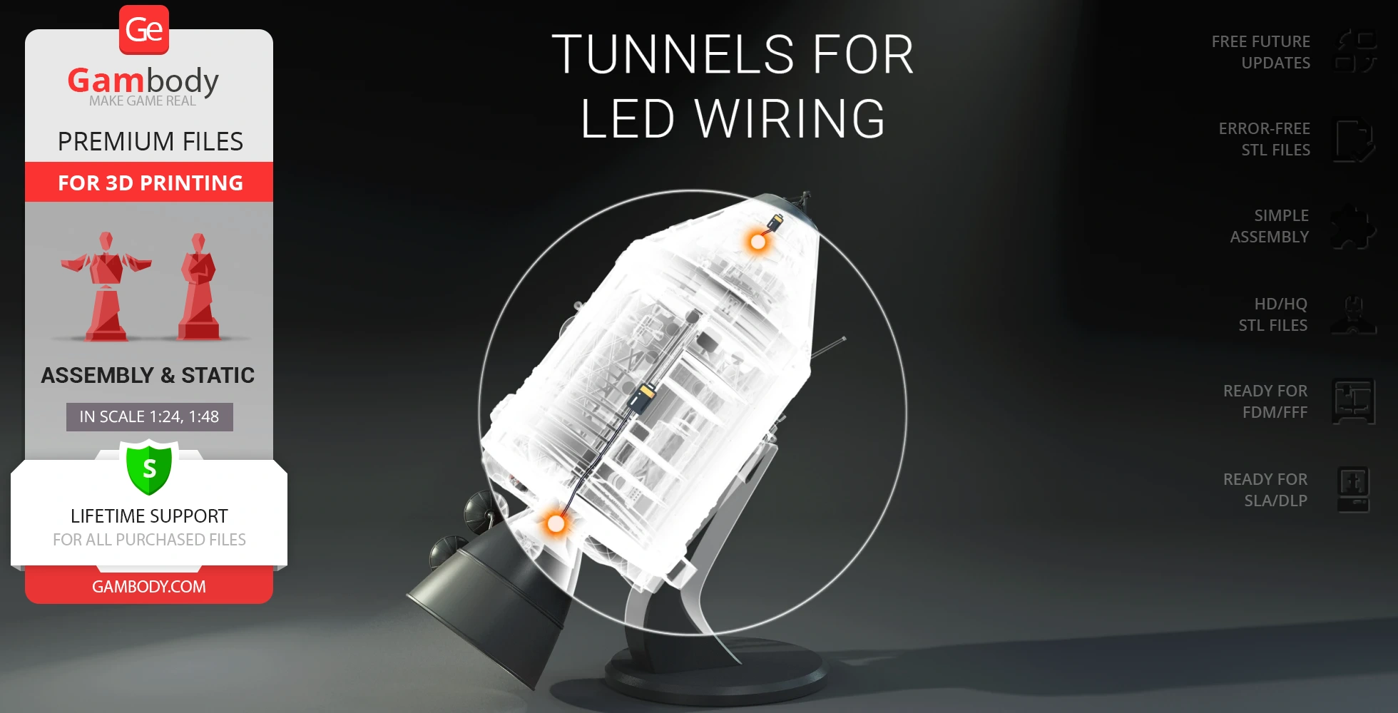 Apollo 11 Command Module 3D model with LED wiring paths highlighted on a black stand.