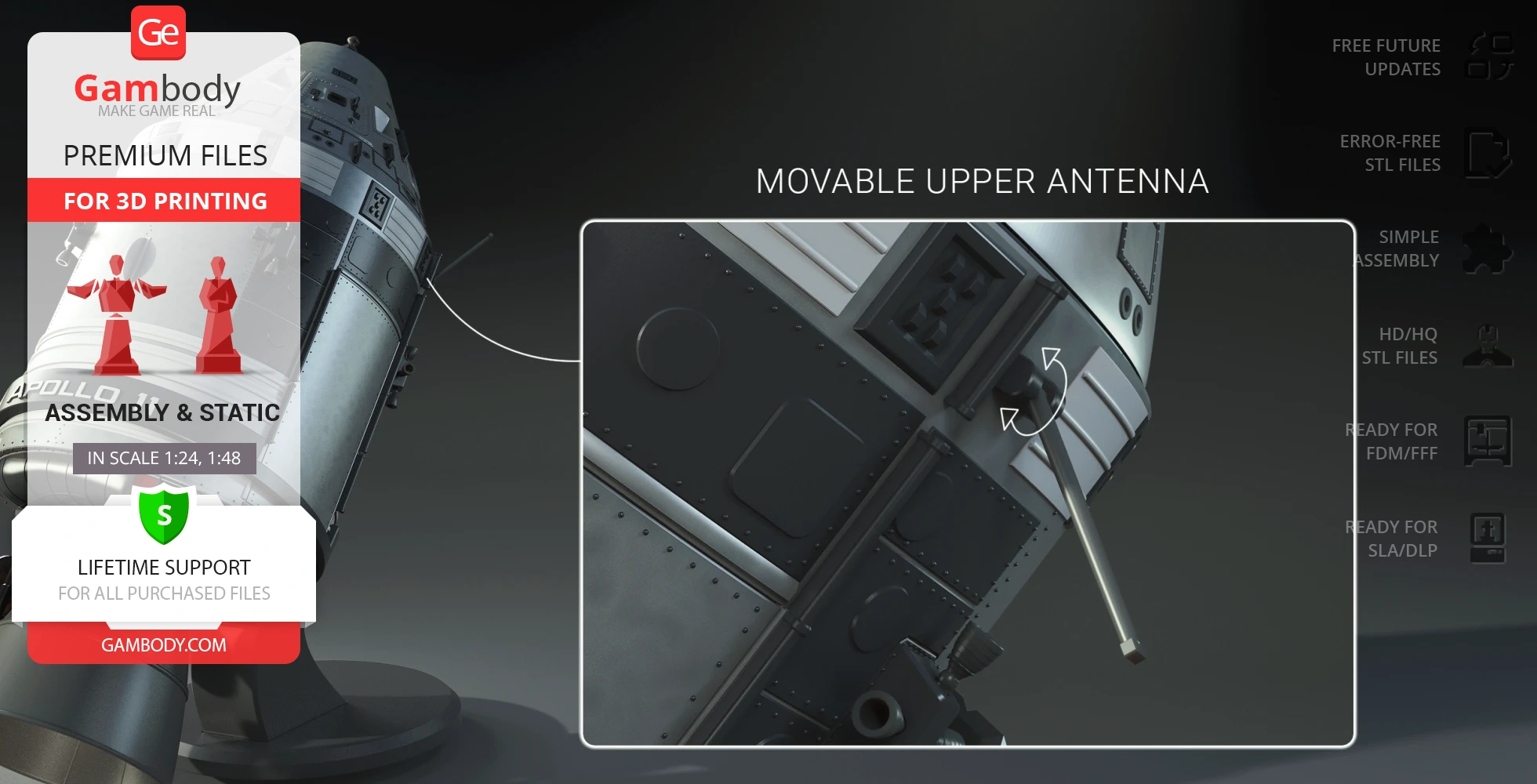 Apollo 11 Command Module 3D model with movable antenna for 3D printing, premium files available on Gambody.