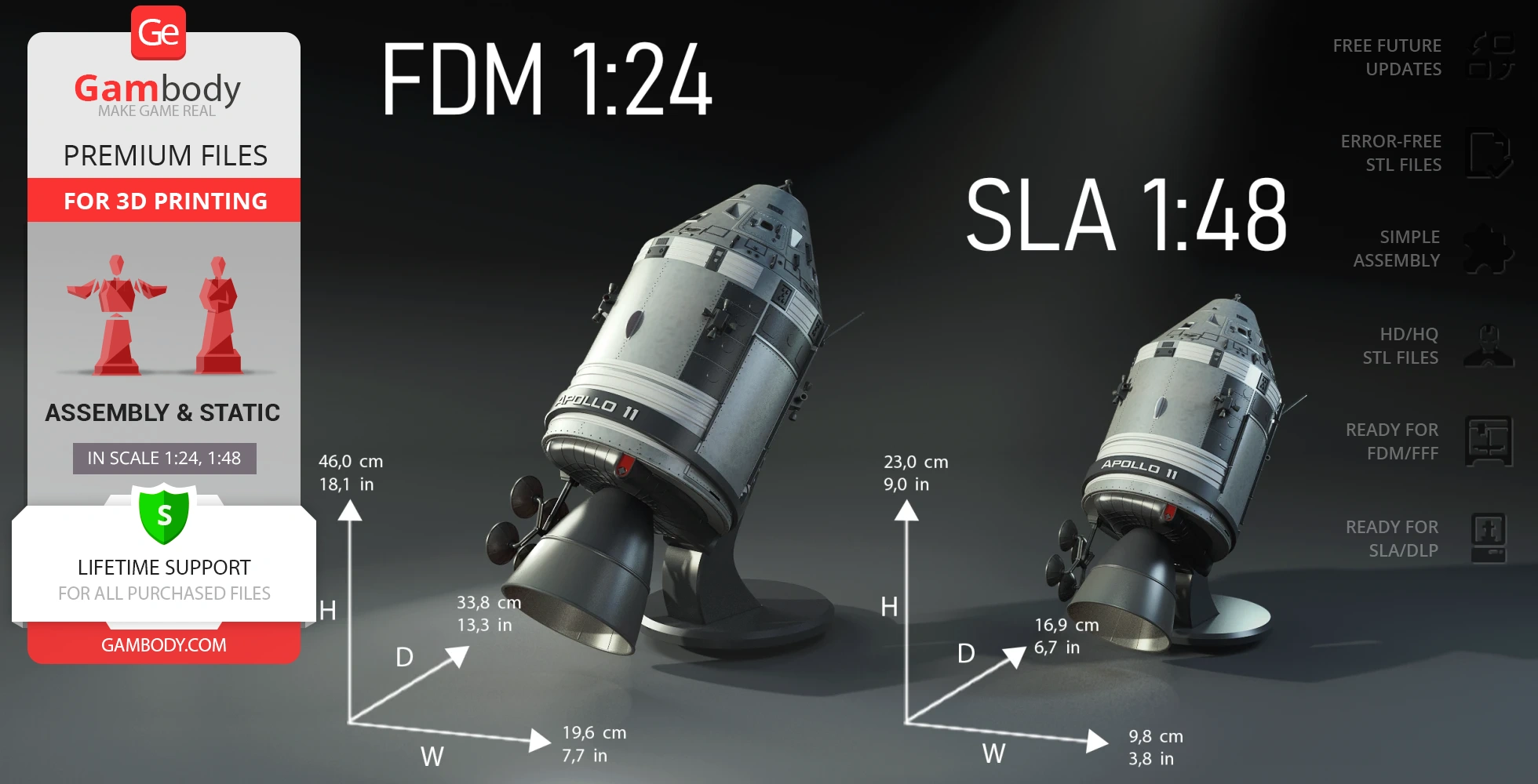 Apollo 11 Command Module 3D model with size options for FDM and SLA printing.