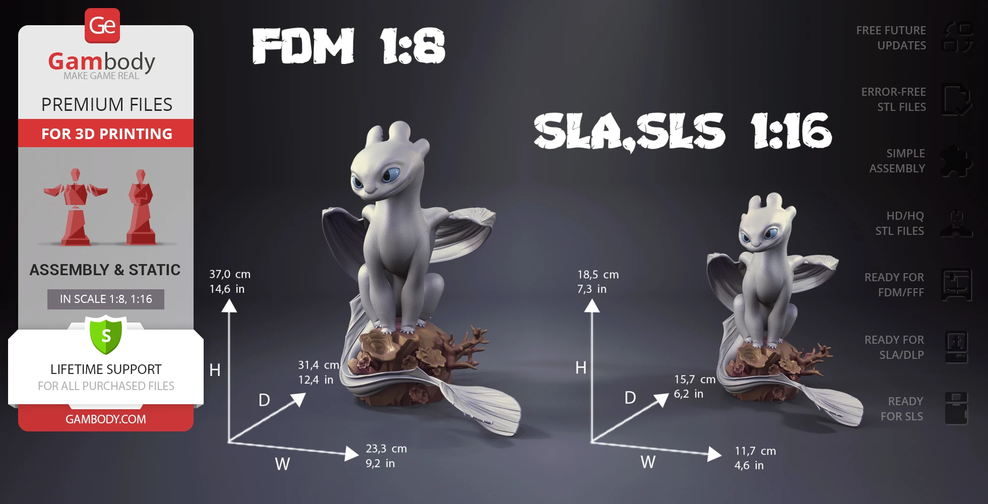 3D printed Light Fury dragon model perched on a rocky base, available in two scales, with intricate details.