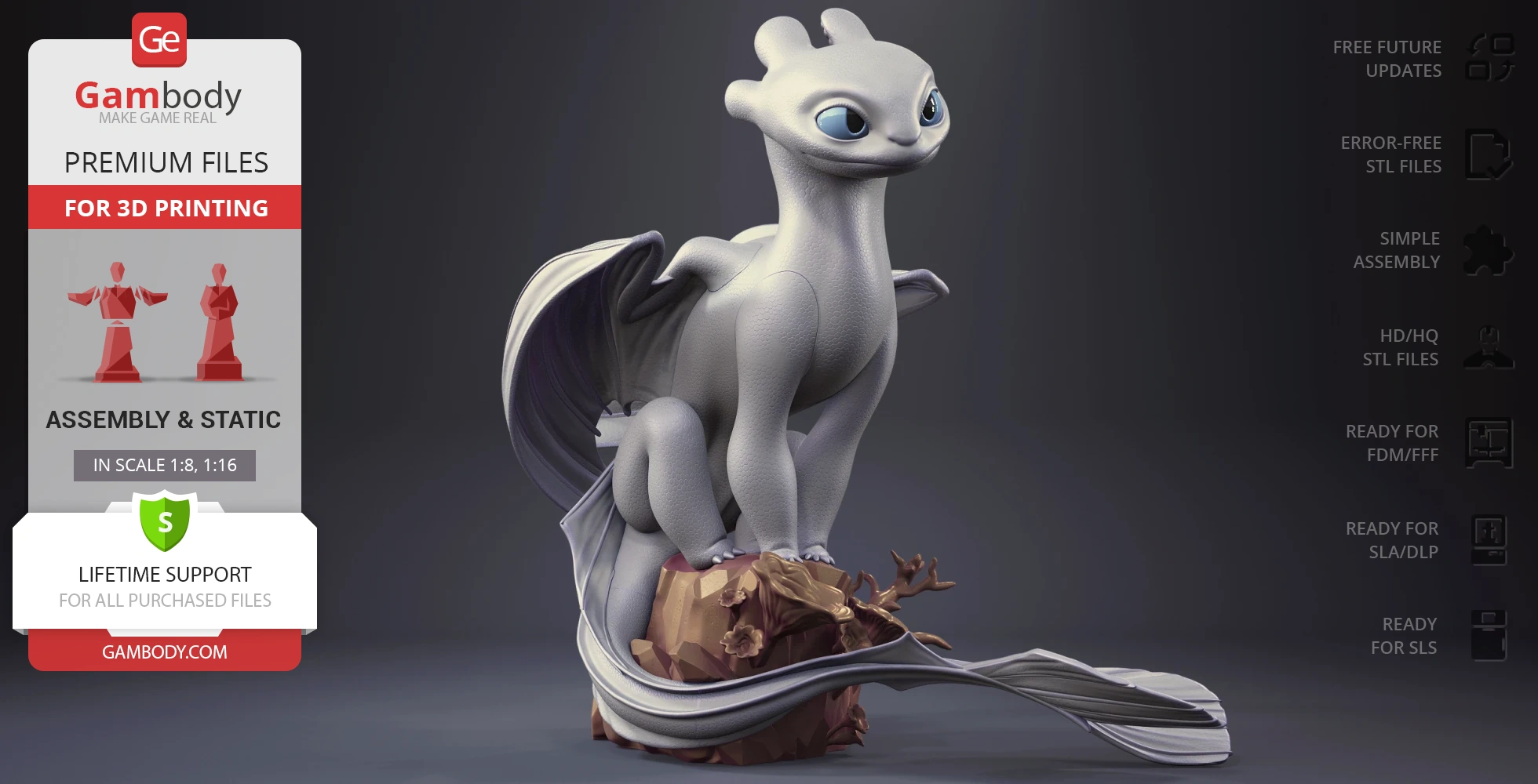 A detailed 3D model of Light Fury, a dragon, perched on a rocky base with wings partly spread.