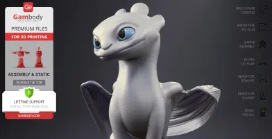 A cute, white dragon with big blue eyes, small wings, and a textured body for 3D printing.