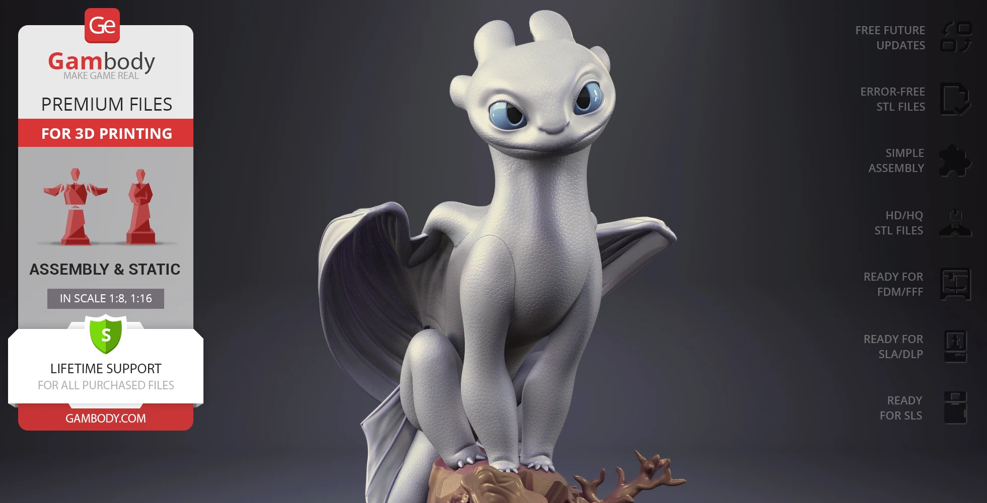 White dragon model with big eyes and wings, standing on a base. 3D printing details visible on left.