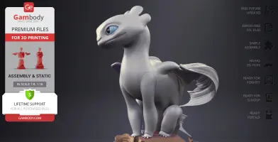 White dragon-like creature figurine with wide eyes and textured scales, ready for 3D printing.