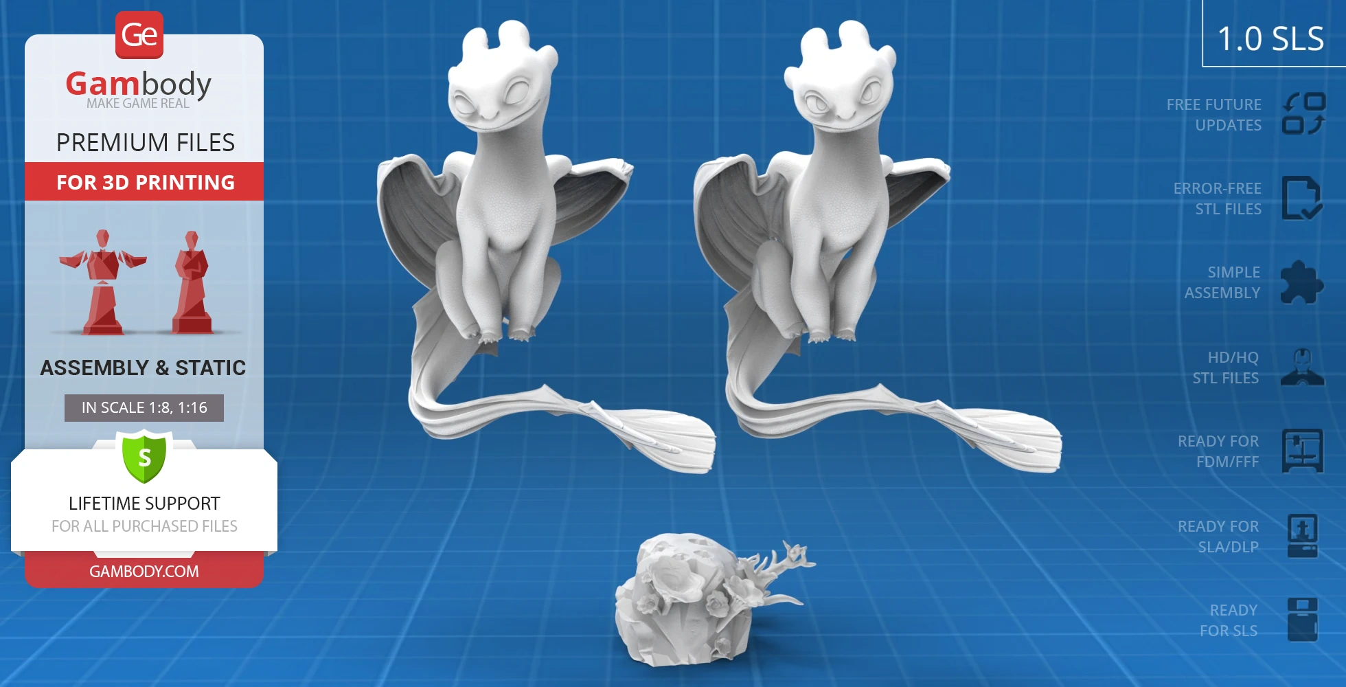 Two detailed 3D models of a dragon-like creature with large wings and long tail, ready for printing.