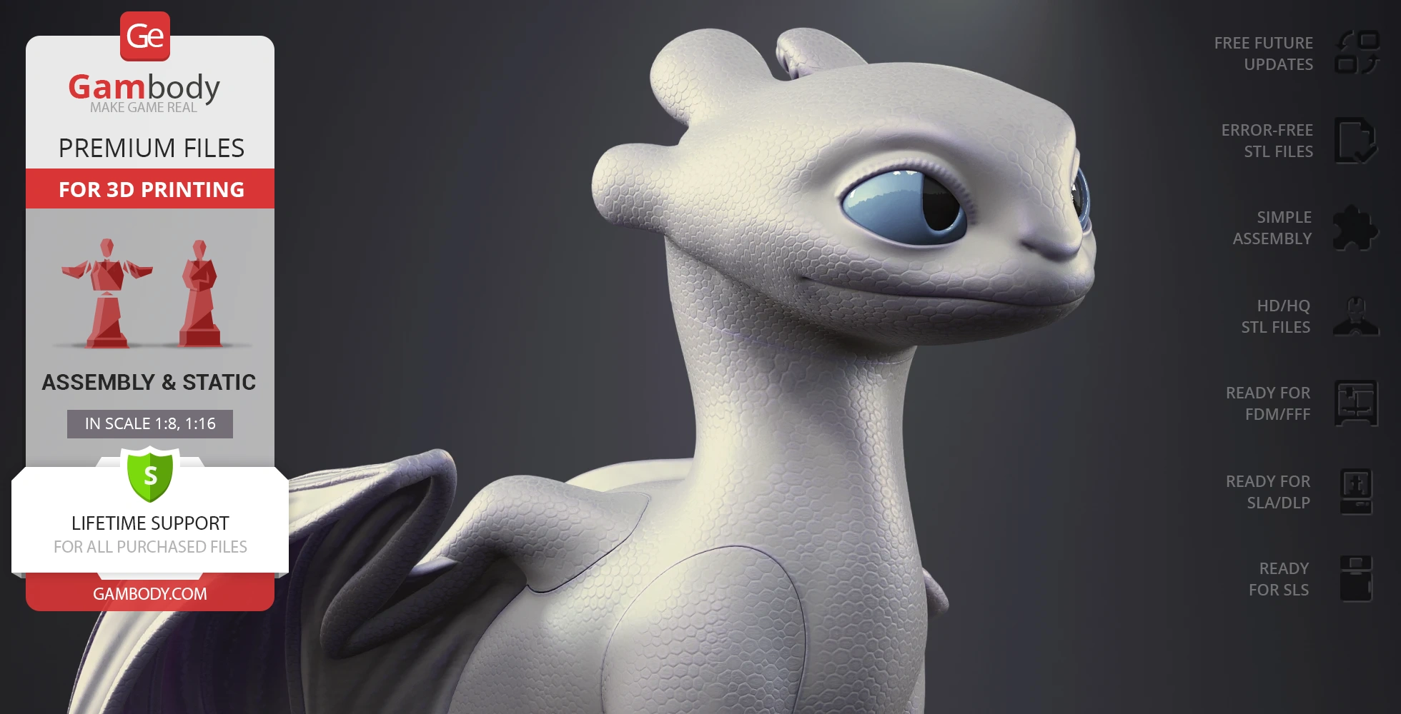 White dragon-like creature with textured scales and large blue eyes; ready for 3D printing.