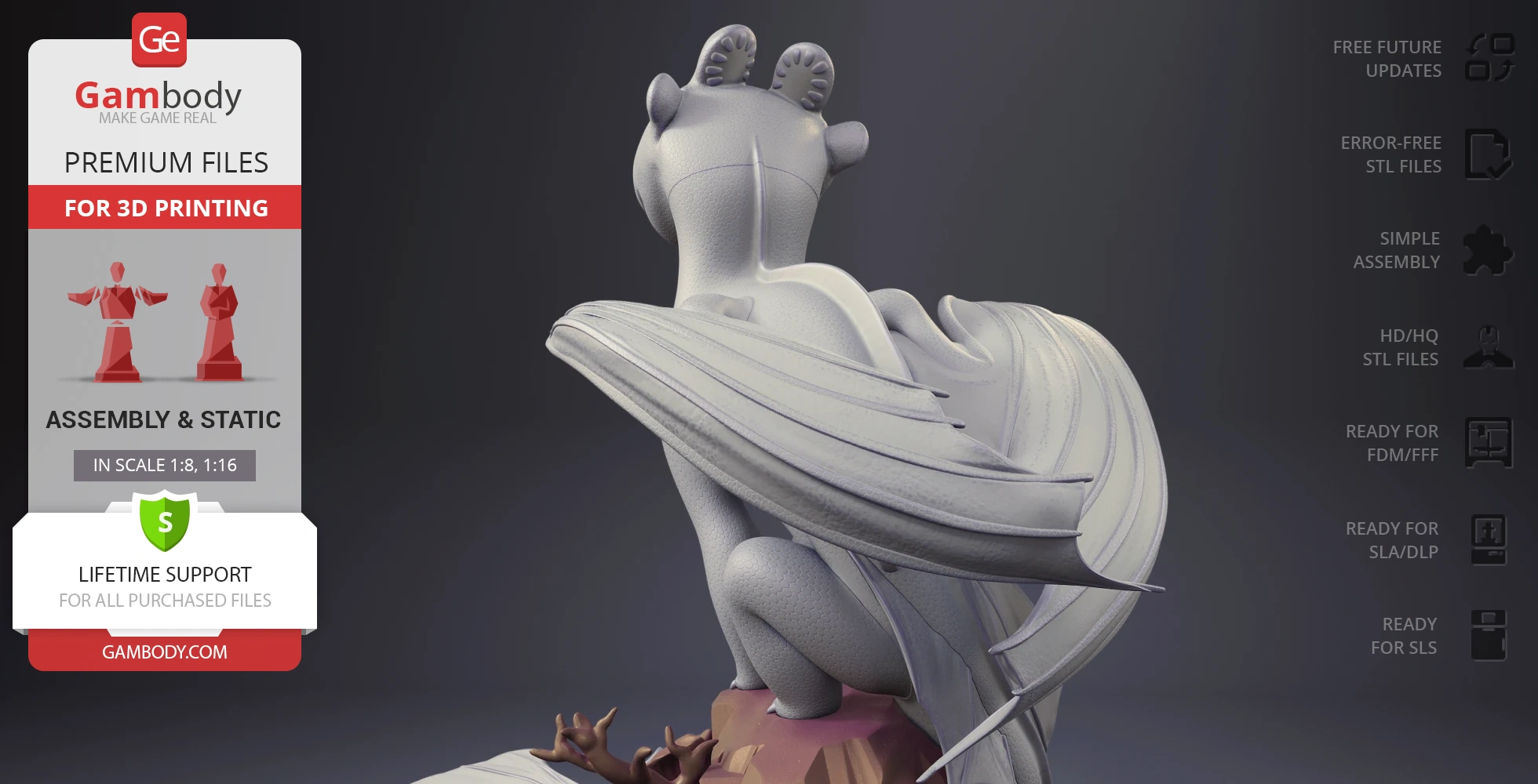 A detailed 3D model of a Light Fury dragon perched on a rock, with wings spread backward.