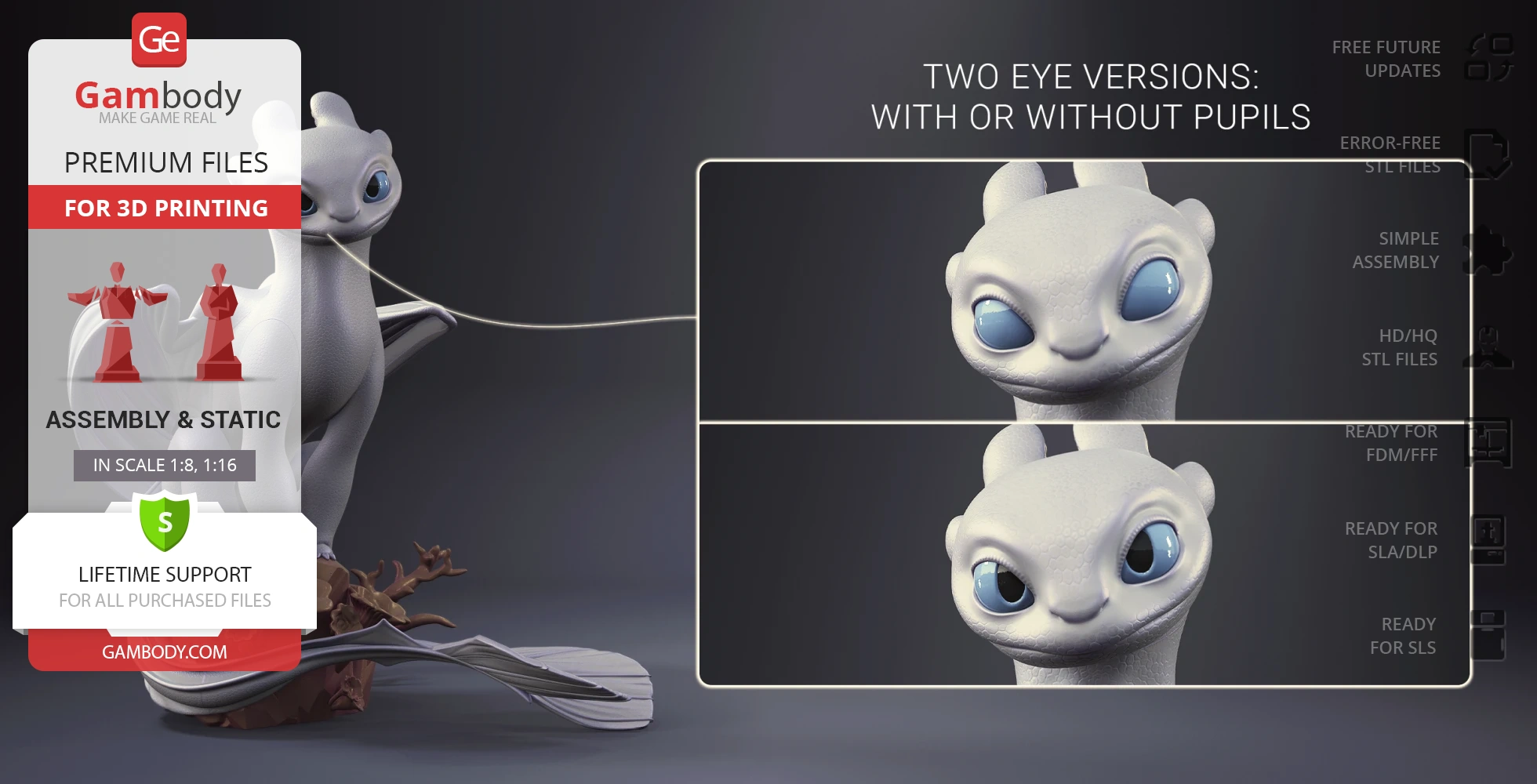 White dragon figure with blue eyes, offering two eye versions. 3D model for printing from Gambody.