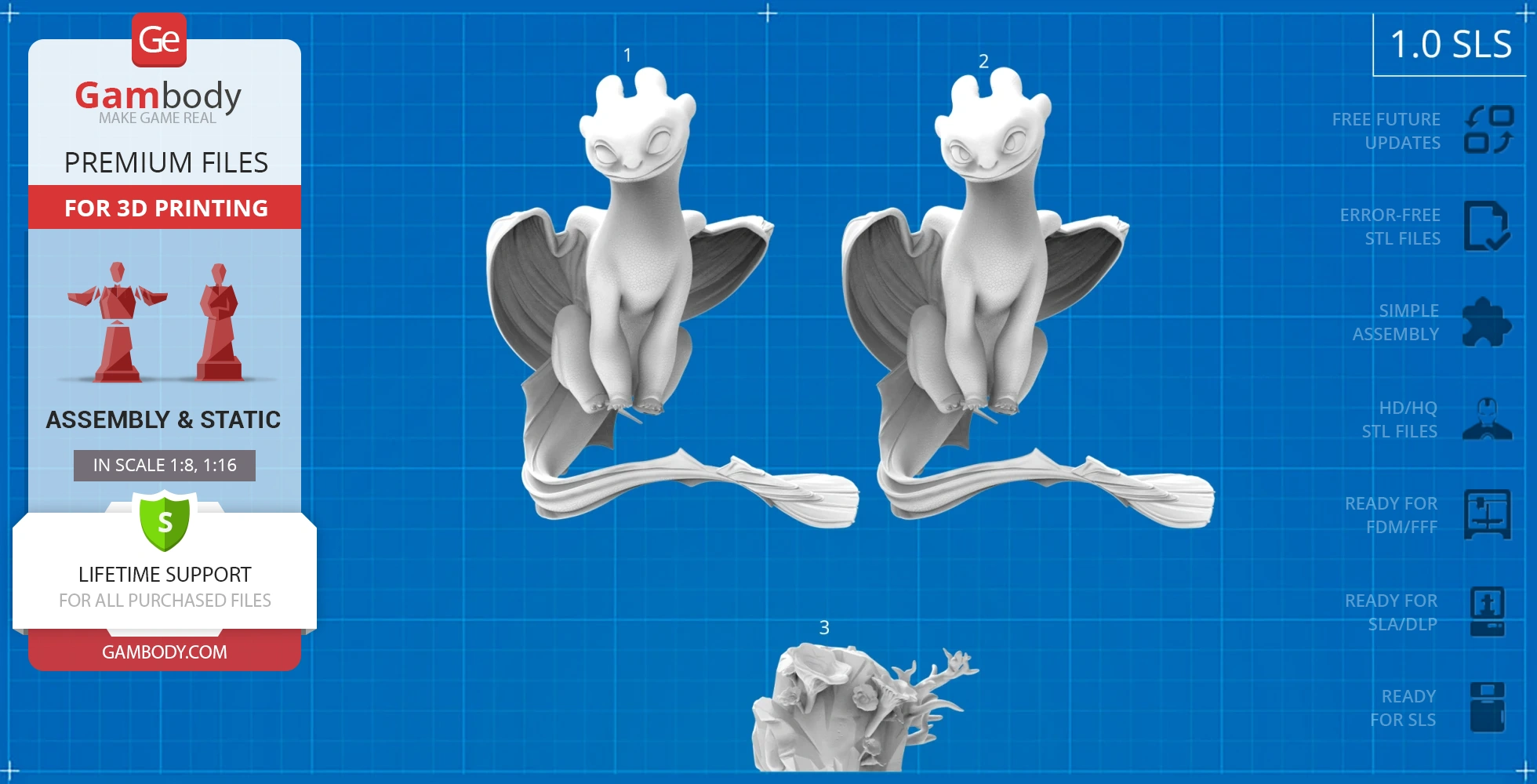Two Light Fury dragon models with detailed wings for 3D printing assembly.