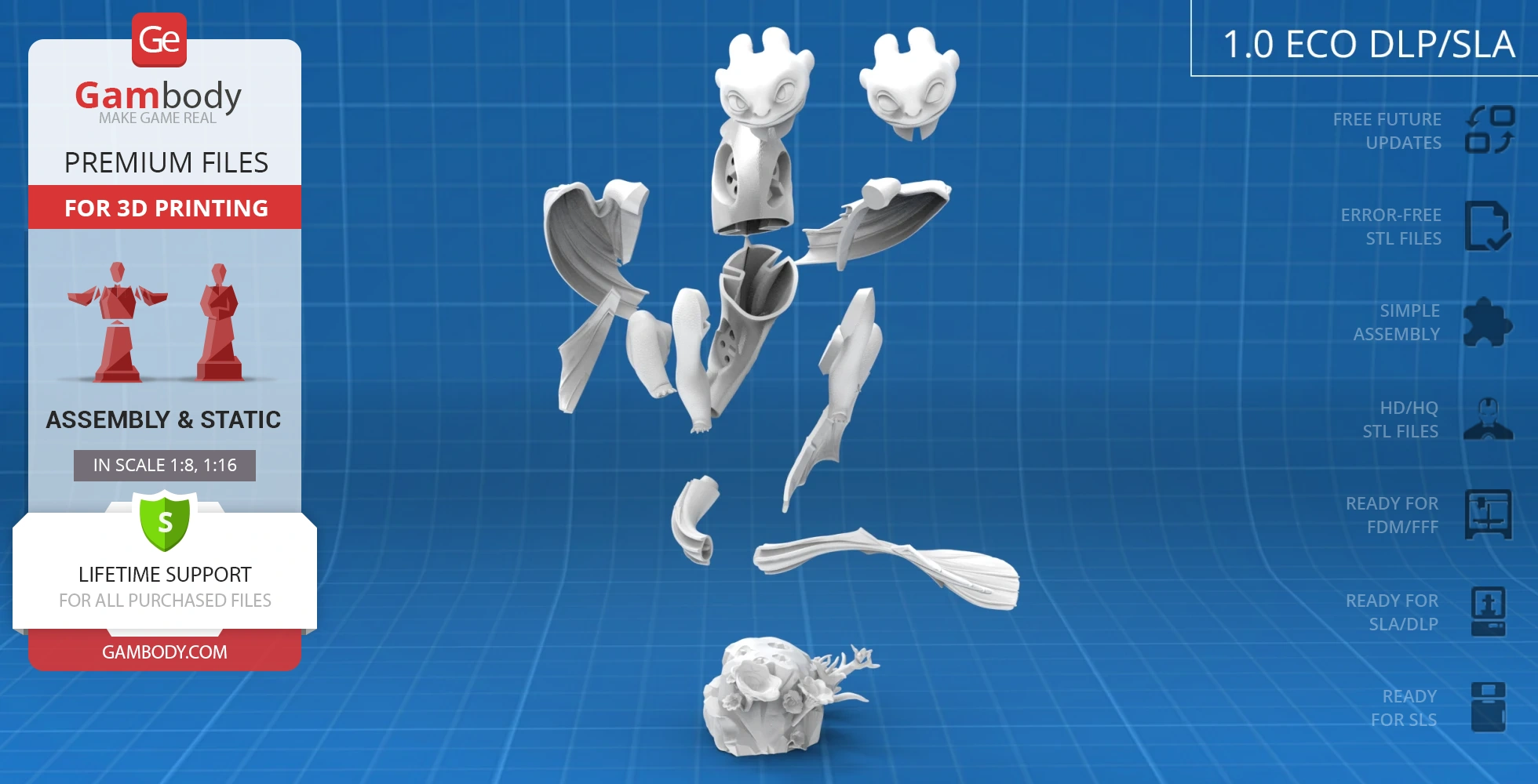 Exploded view of Light Fury 3D model parts for printing, against a blue grid background.
